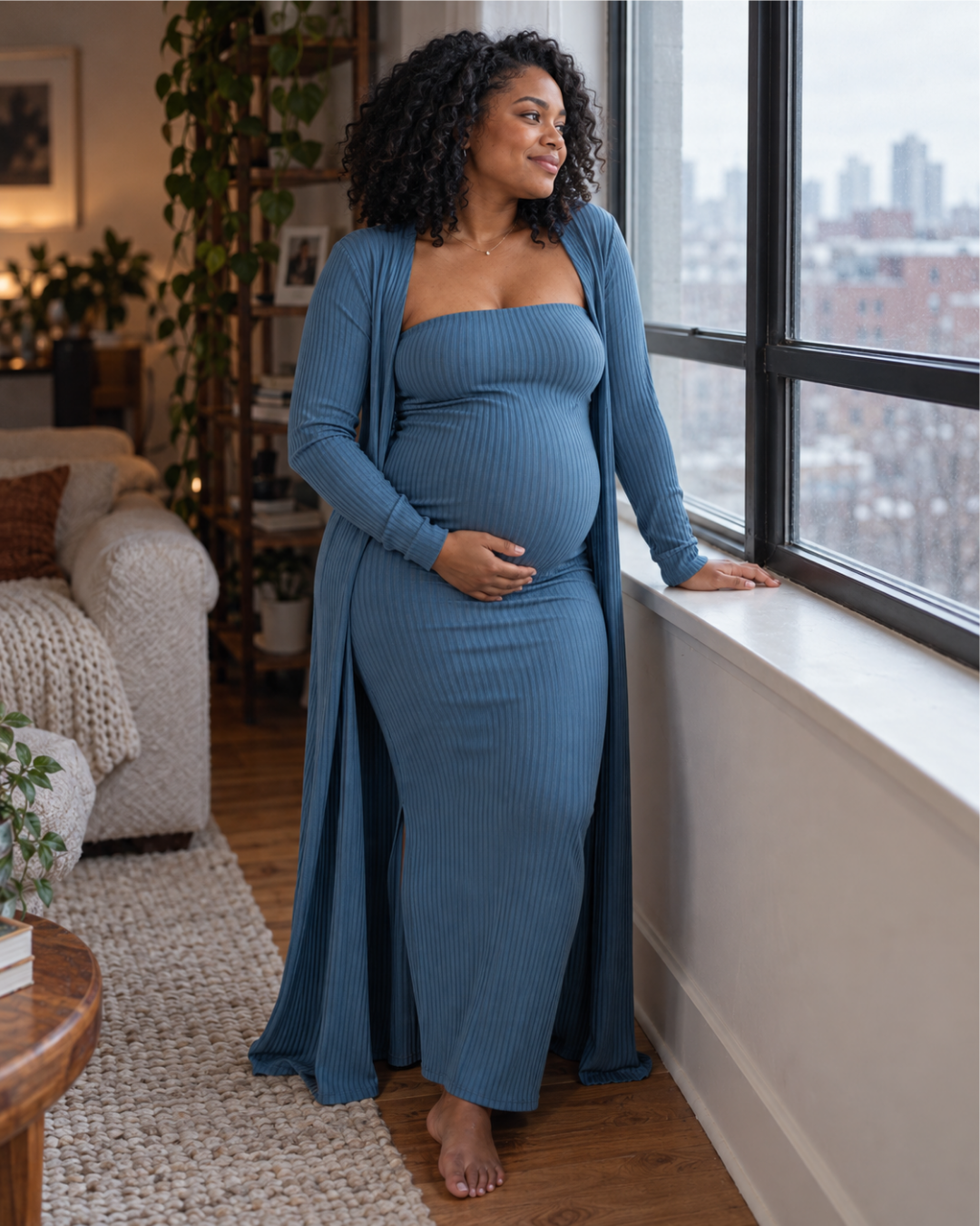 Blue ribbed dress with matching cardigan