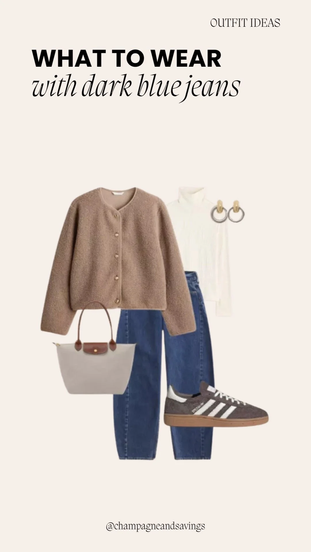 Collage of outfit pieces for a “Camel Cardigan + Sneakers” dark denim look, featuring dark denim paired with a camel cardigan and casual sneakers, styled in a relaxed cozy aesthetic.