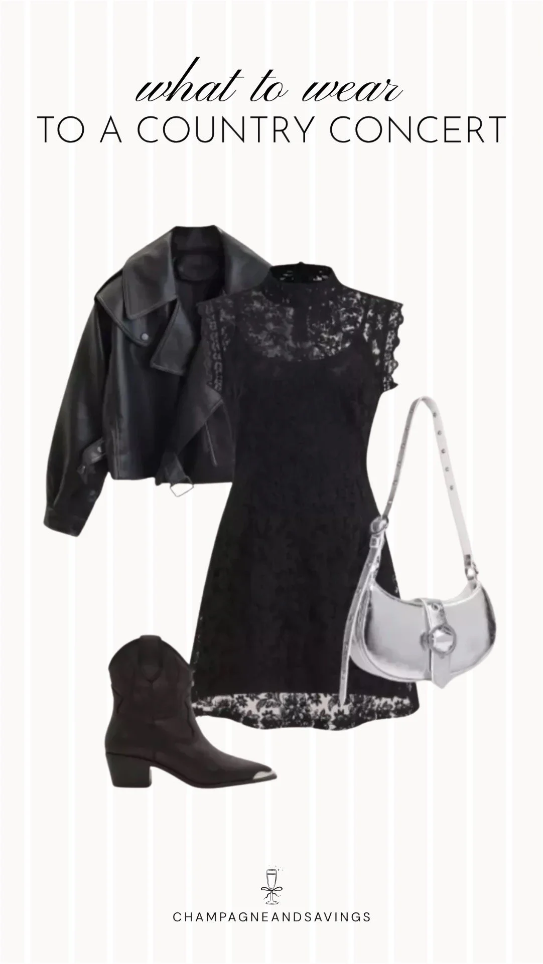 Collage of outfit pieces featuring a black lace dress styled with a leather jacket and western booties for an edgy and stylish country concert outfit idea.