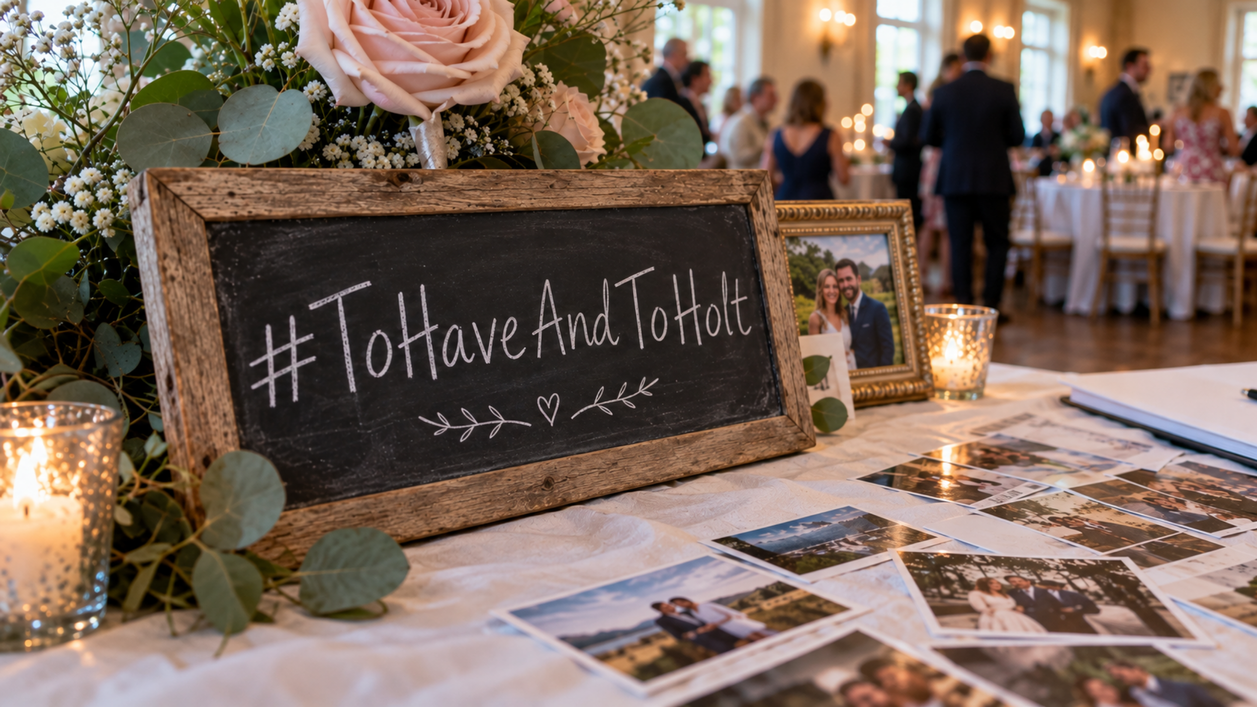 Rustic chalkboard wedding sign displaying “#ToHaveAndToHolt” beside flowers and printed photos.