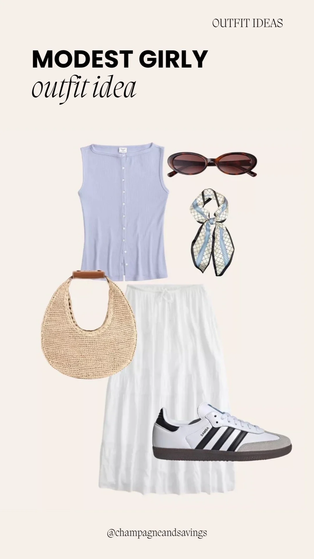 Modest girly outfit idea featuring a soft blue and white summer skirt paired with coordinating feminine pieces, styled together as coordinated outfit pieces.