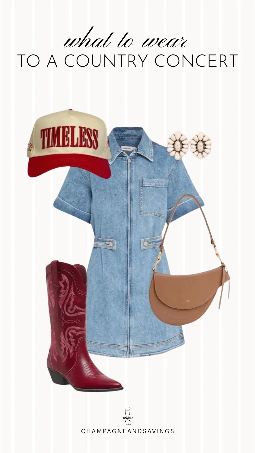 Collage of outfit pieces featuring a denim shirt dress styled with red cowboy boots and a trucker hat for a fun and casual country concert outfit idea.