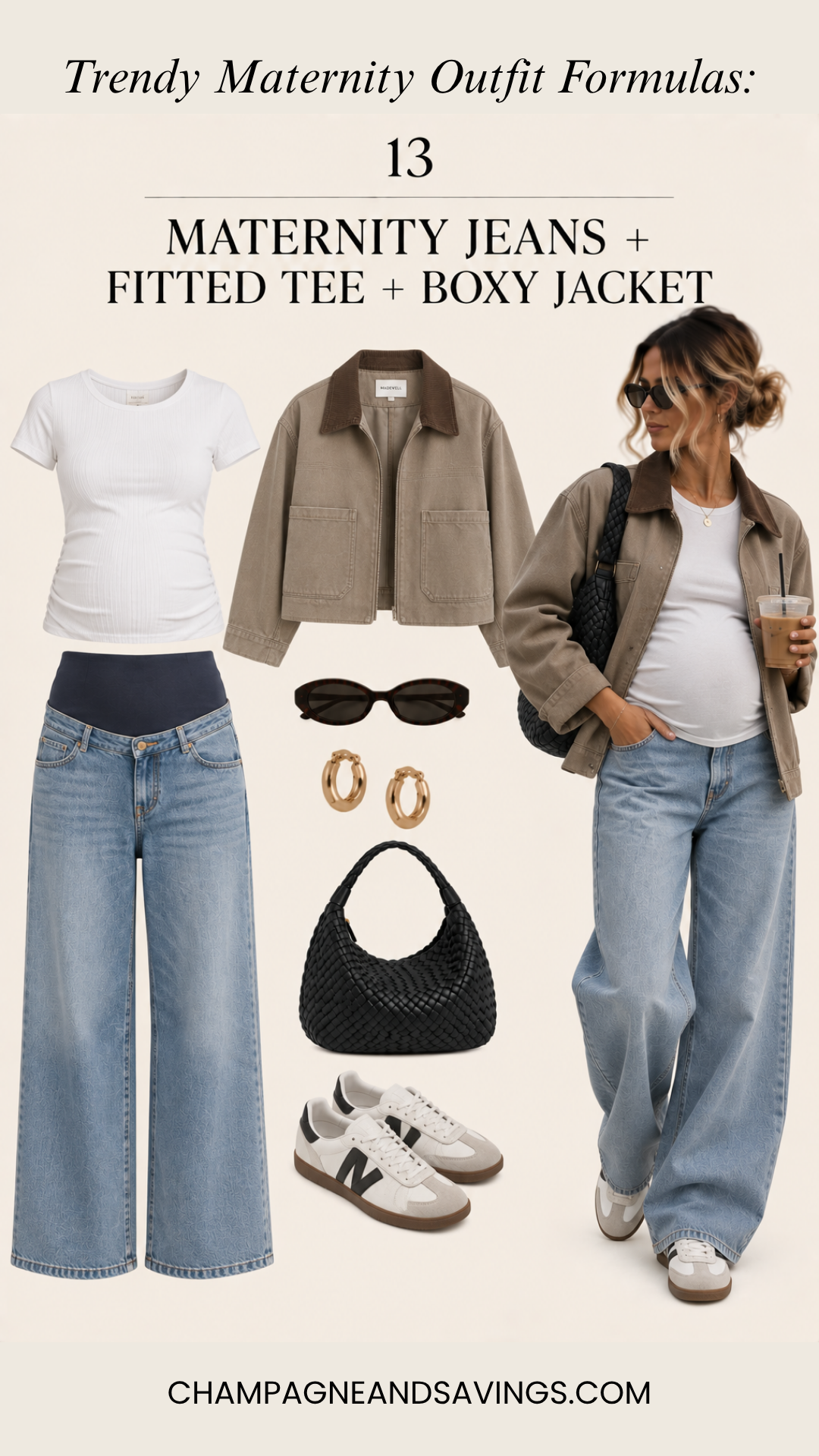 Maternity jeans with a fitted tee and boxy jacket pregnancy outfit formula featuring a collage of outfit pieces and a styled look for a trendy pregnancy outfit.