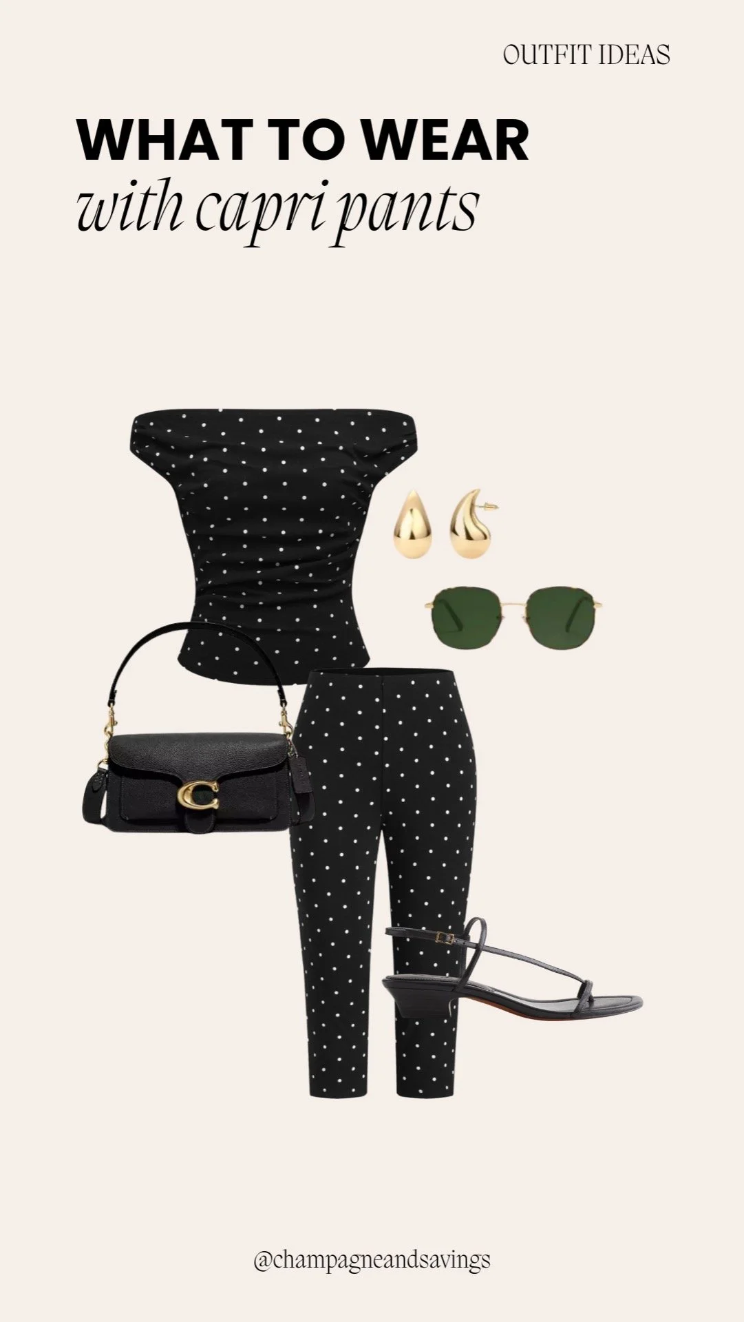 Collage of outfit pieces for a “Matching Polka Dot Set” capri pants look, featuring capri pants paired with a coordinating polka dot top, styled in a playful chic aesthetic.