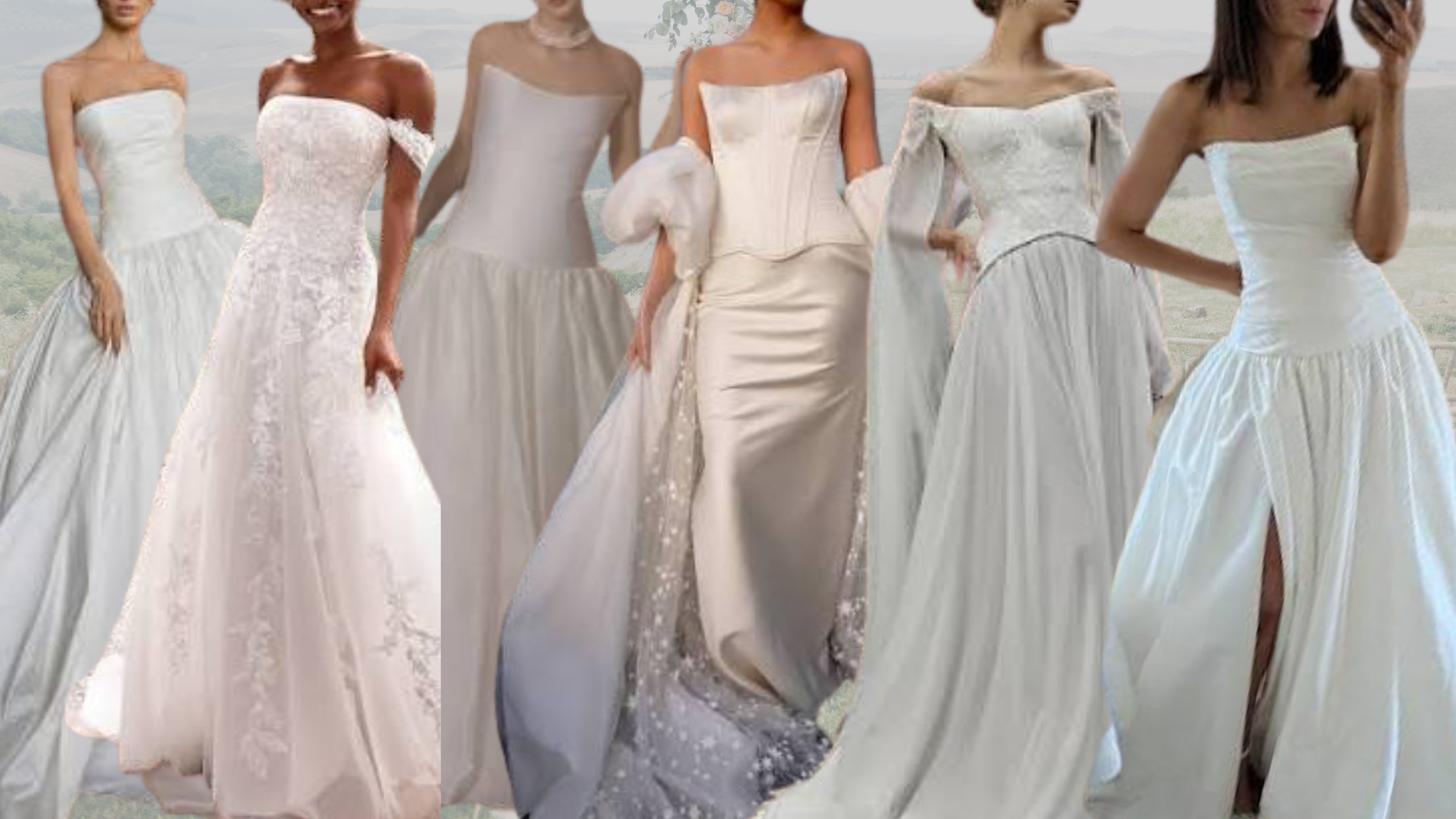 Collage of trending wedding gowns for 2027 featuring drop waists.