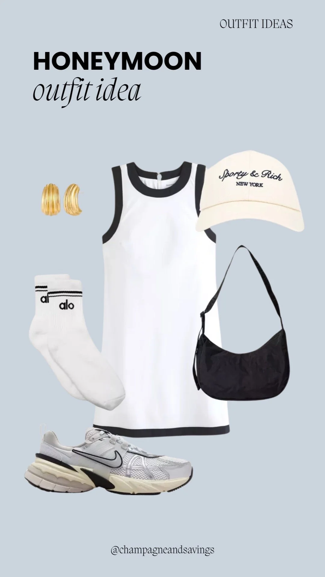Honeymoon outfit idea collage featuring an athletic dress styled with accessories for a sporty and stylish bridal vacation look.