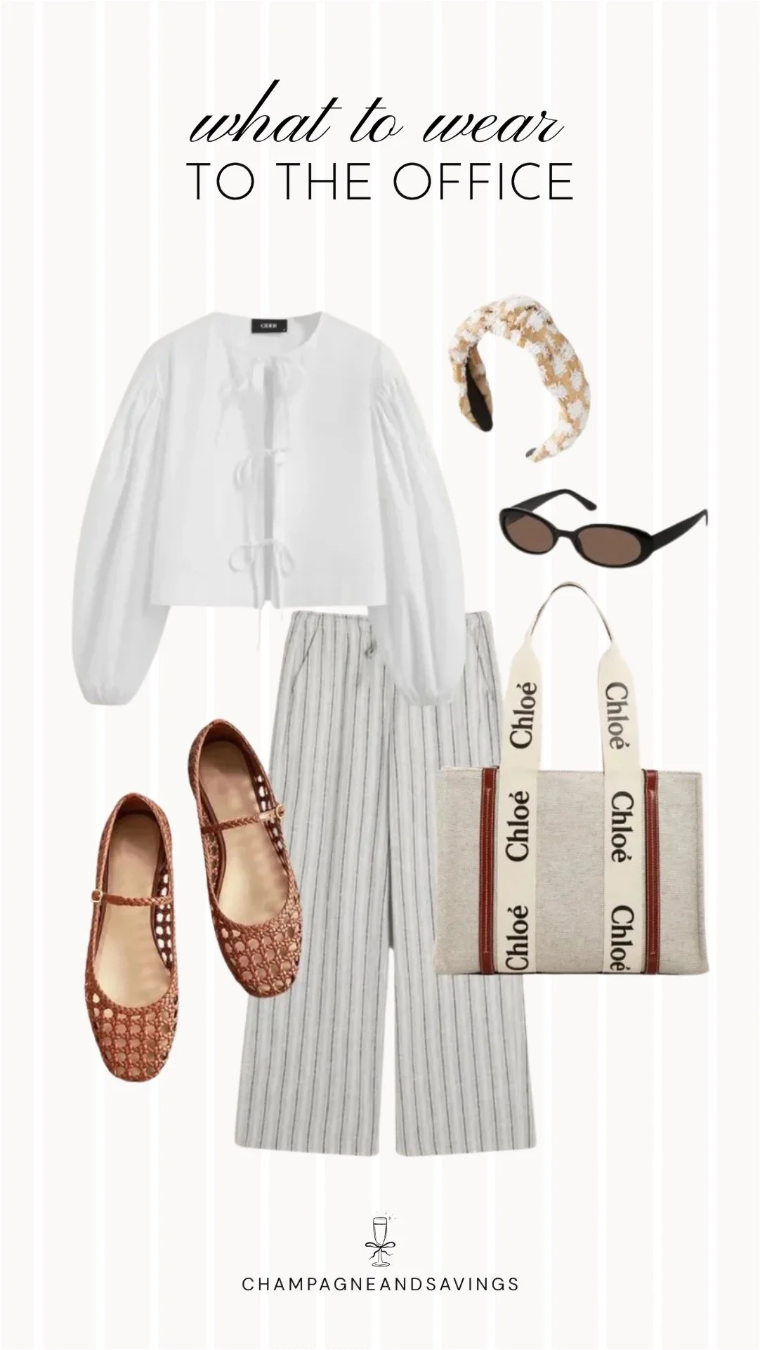 Collage of outfit pieces featuring a tie front blouse styled with pinstripe wide leg pants for a chic and polished summer office outfit idea when the office is freezing.