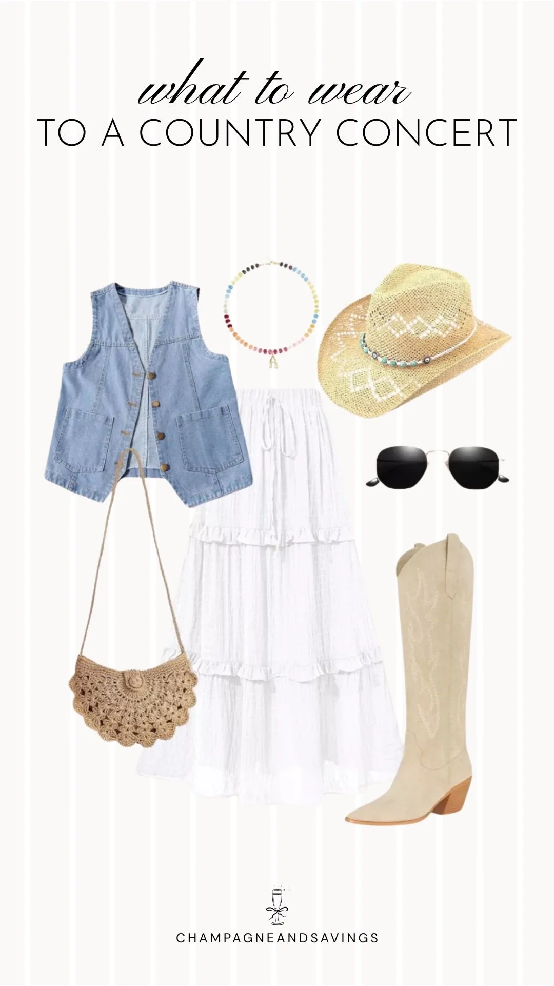 Collage of outfit pieces featuring a white maxi skirt styled with a denim vest and cream cowboy boots for a feminine and trendy country concert outfit idea.