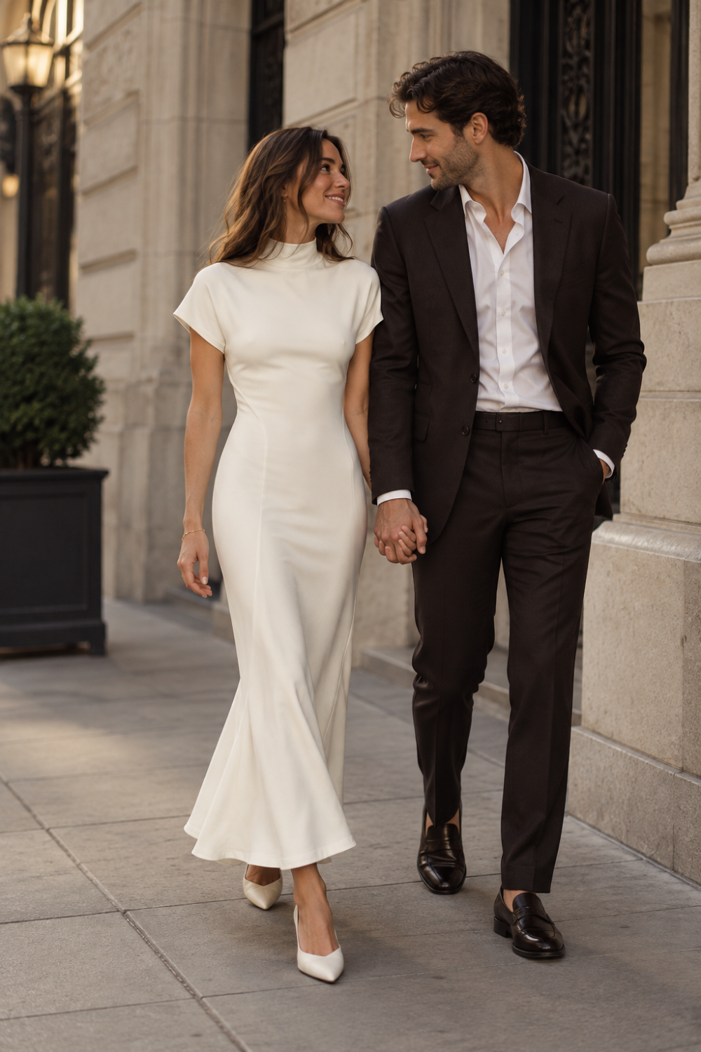 White engagement photo outfit idea featuring a Maxi Dress and Neutral Accessories