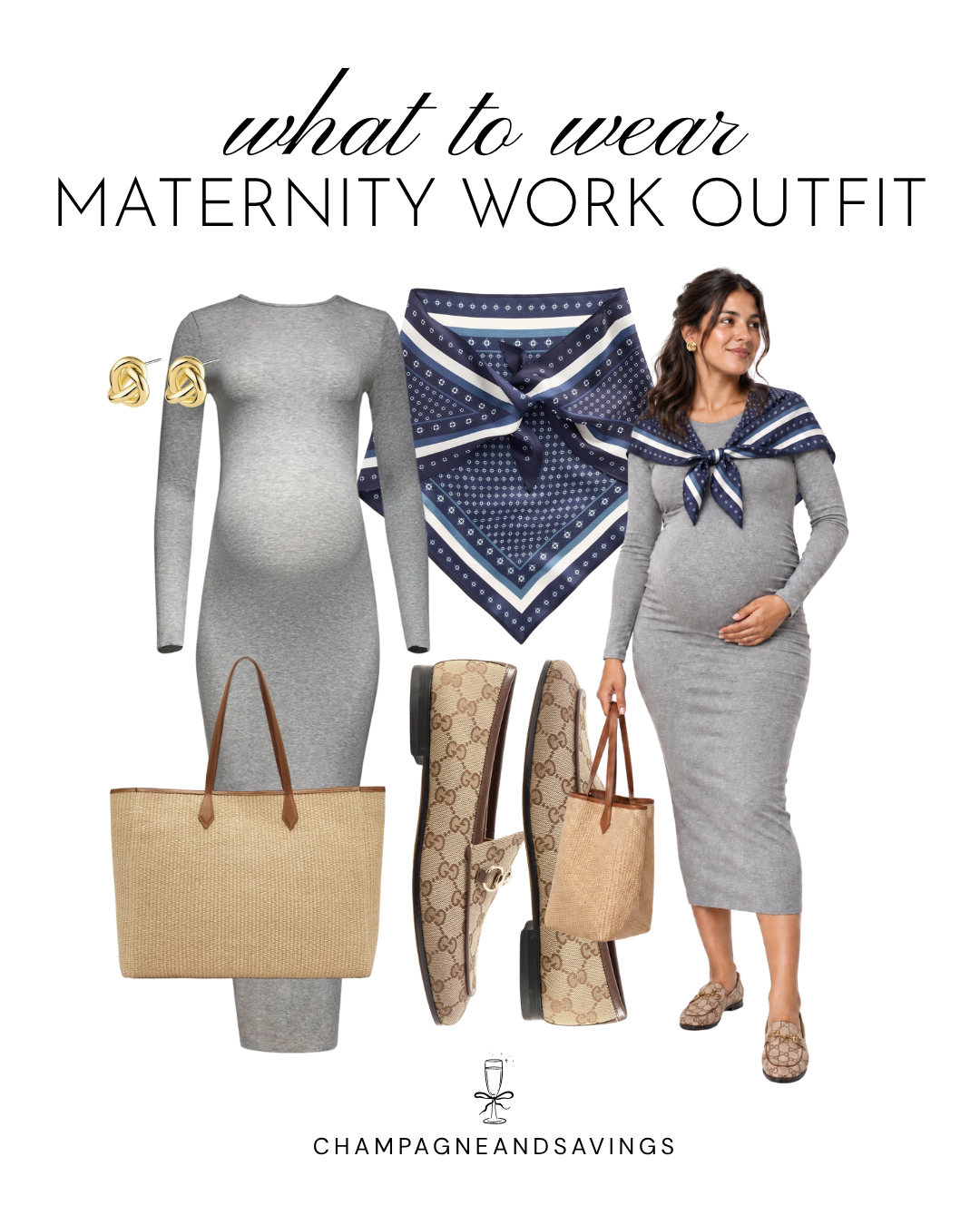 Maternity work outfit idea featuring a gray maternity dress paired with loafers, shown in a collage of outfit pieces for a chic, comfortable, and professional pregnancy-friendly look.