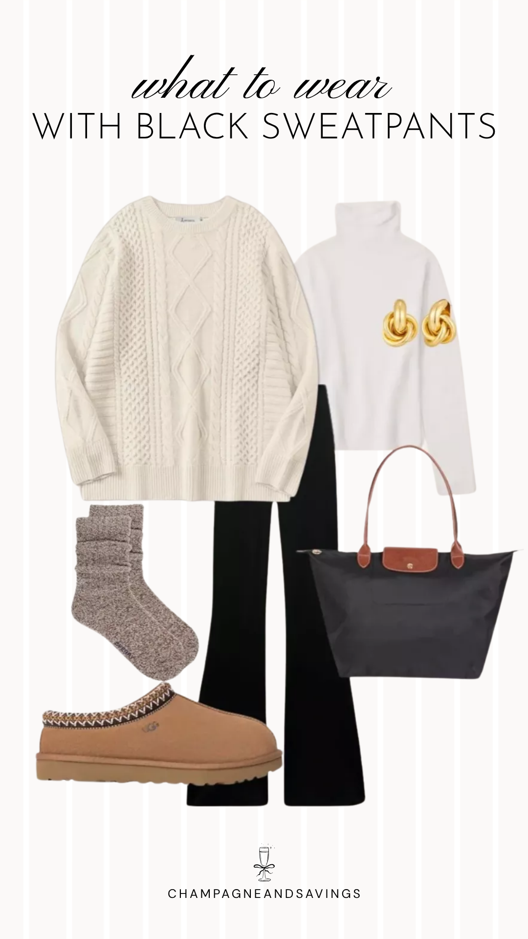 Black sweatpants outfit idea collage featuring a cable knit sweater with black flare sweatpants and cozy slippers for a comfortable, put-together look.