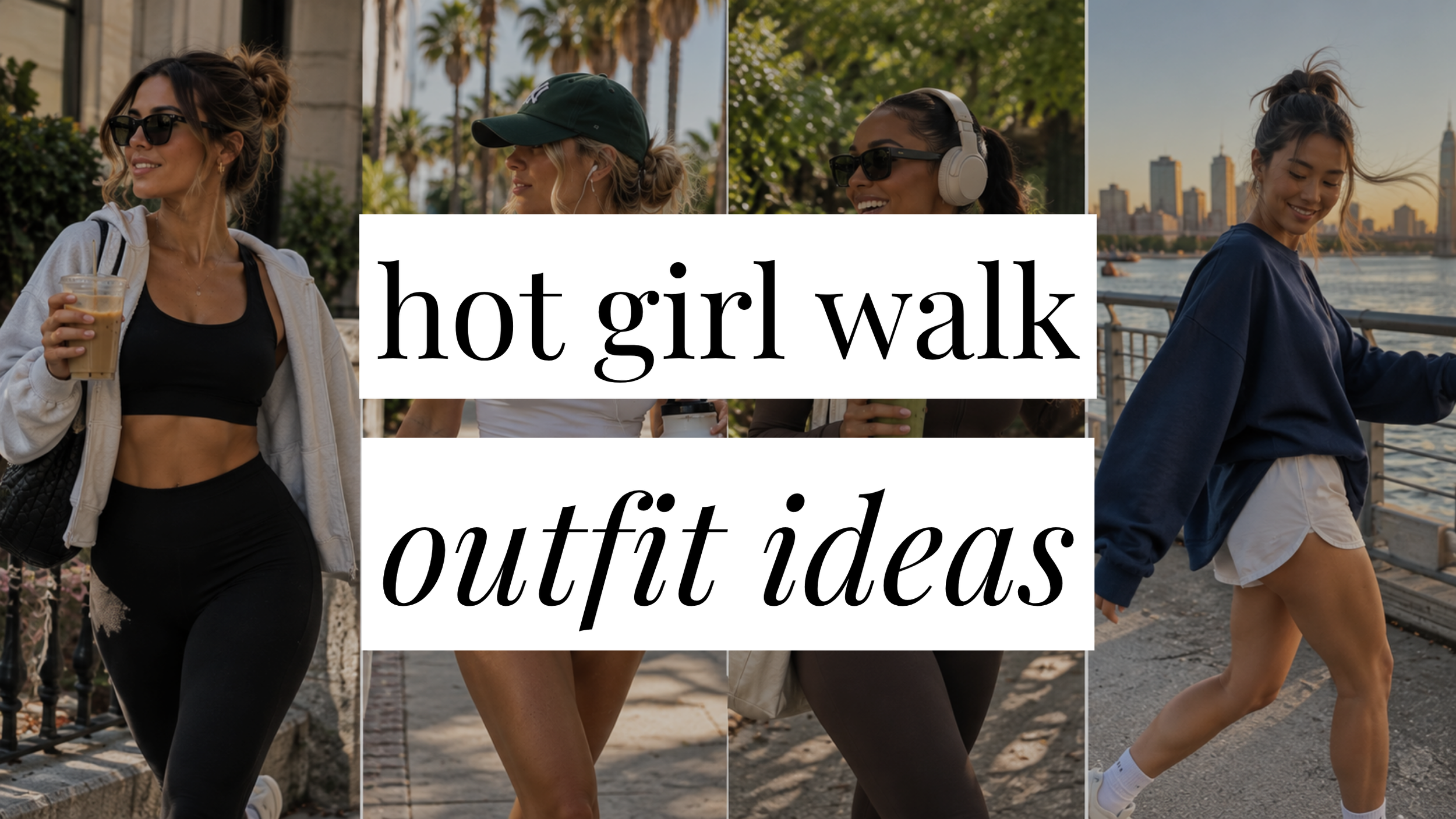 Image that says Hot Girl Walk Outfit Ideas and has a collage of girls in styled outfits in the background.