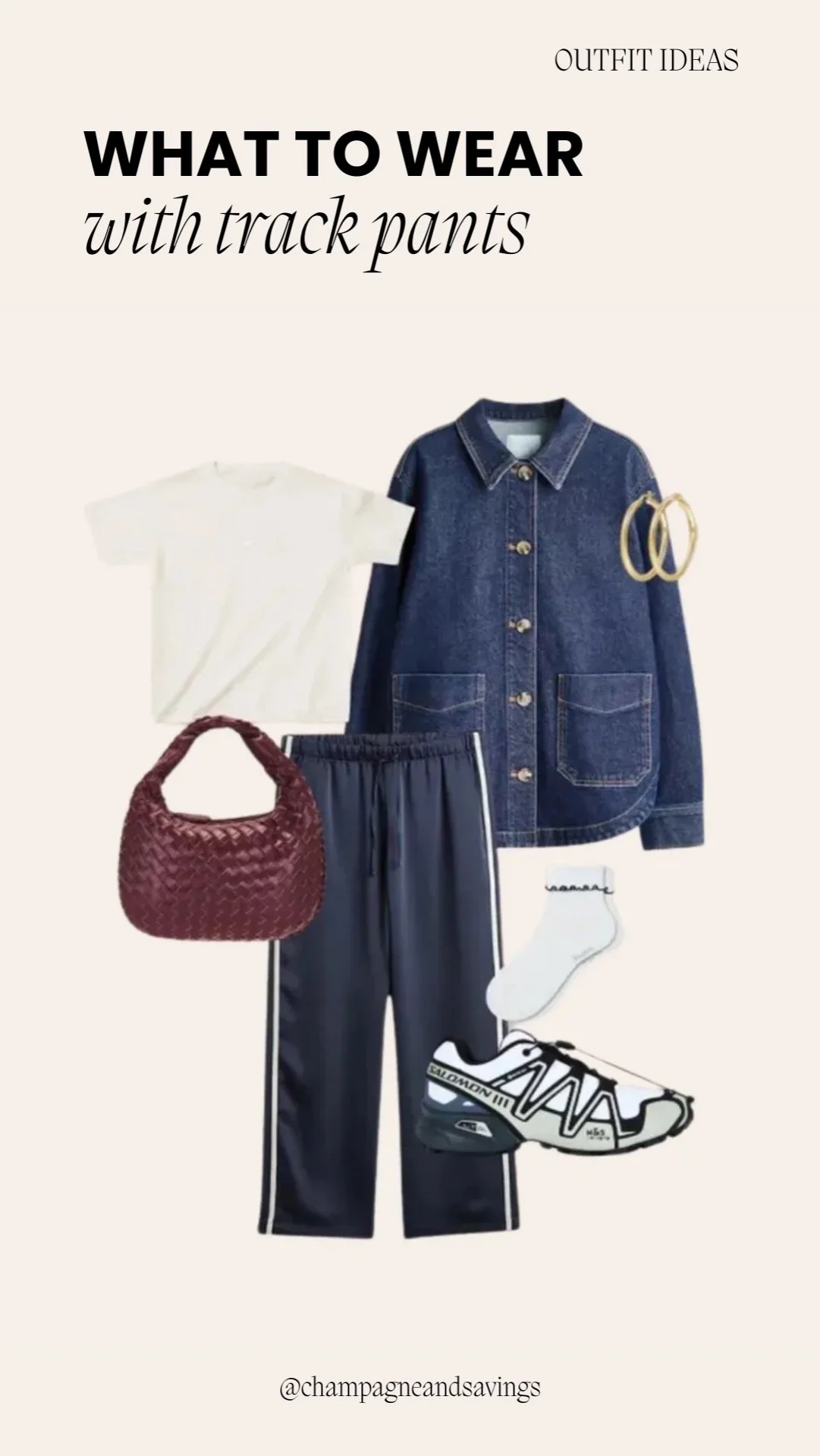 Collage of outfit pieces for a “Classic Navy Track Pants with a Denim Jacket” look, featuring navy track pants paired with a casual denim jacket and coordinating everyday staples, styled in a sporty yet timeless aesthetic.