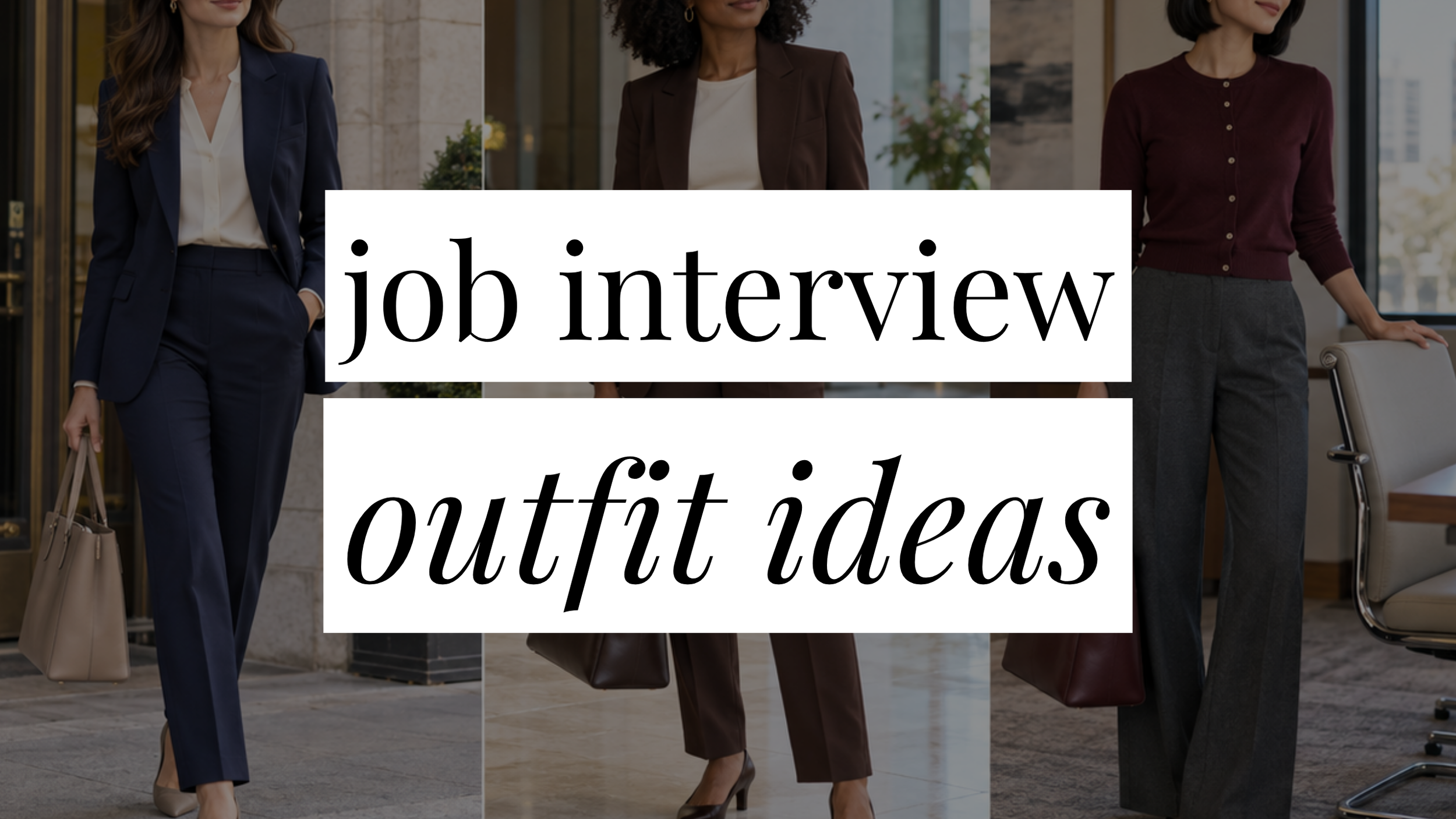 Image that says Job Interview Outfit Ideas and has a collage of girls in styled outfits in the background.