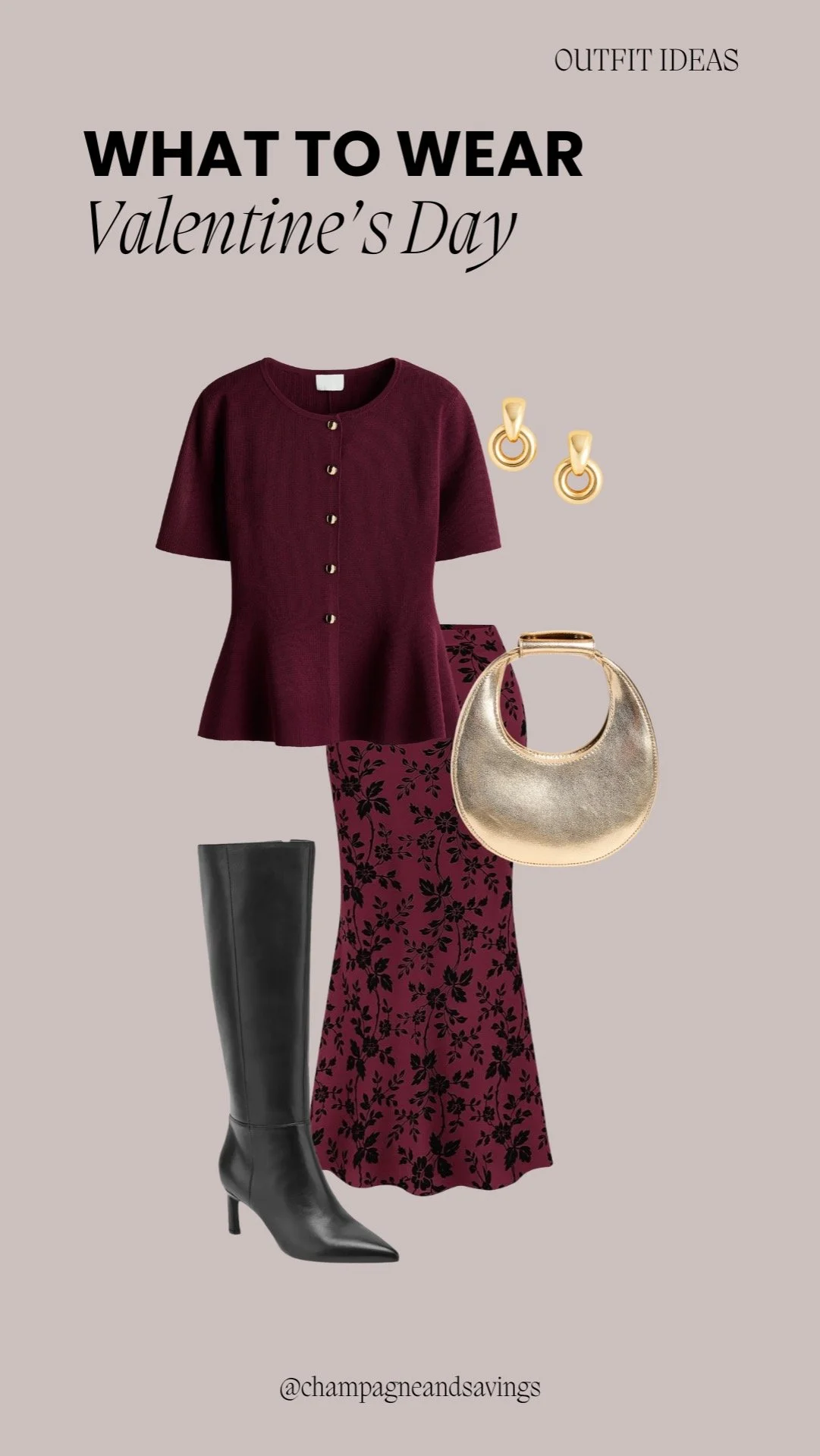Romantic burgundy skirt Valentine’s Day outfit styled with soft, elegant details.