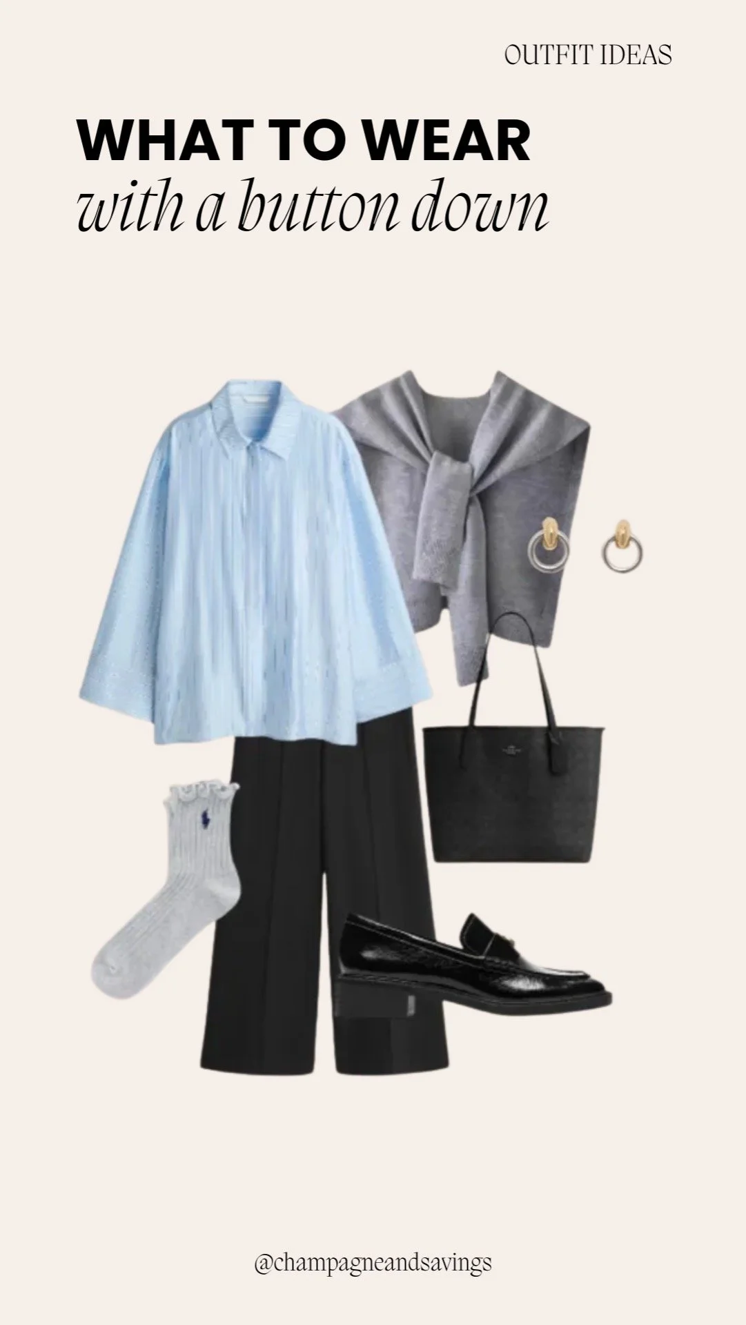 Button down shirt outfit idea featuring tailored trousers styled with a button-down shirt and loafers, shown in a collage of outfit pieces.