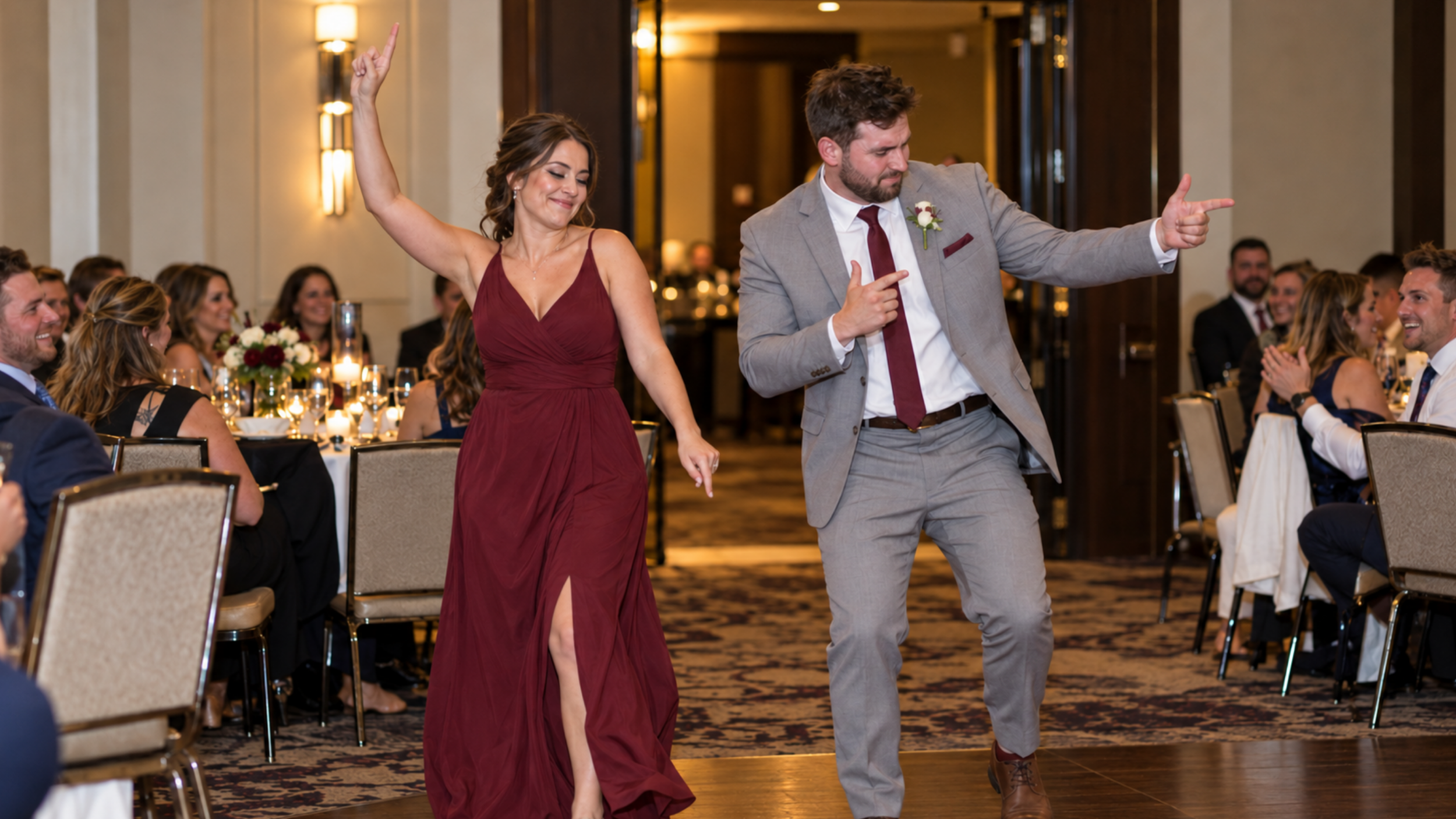 Bridesmaid and groomsman performing playful dance moves as they enter the wedding reception.