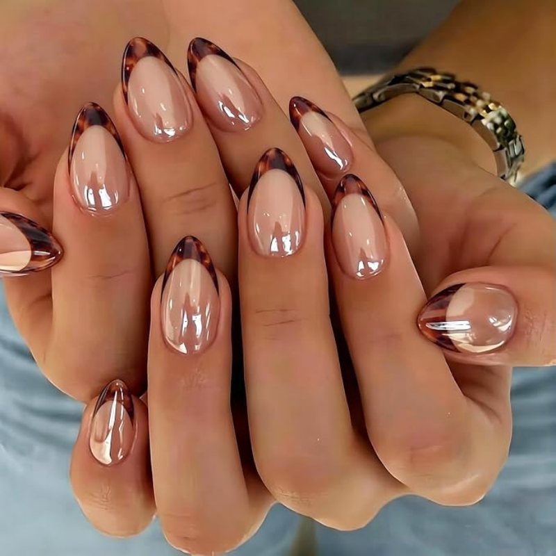 Fall chrome nail idea featuring tortoiseshell chrome french tips