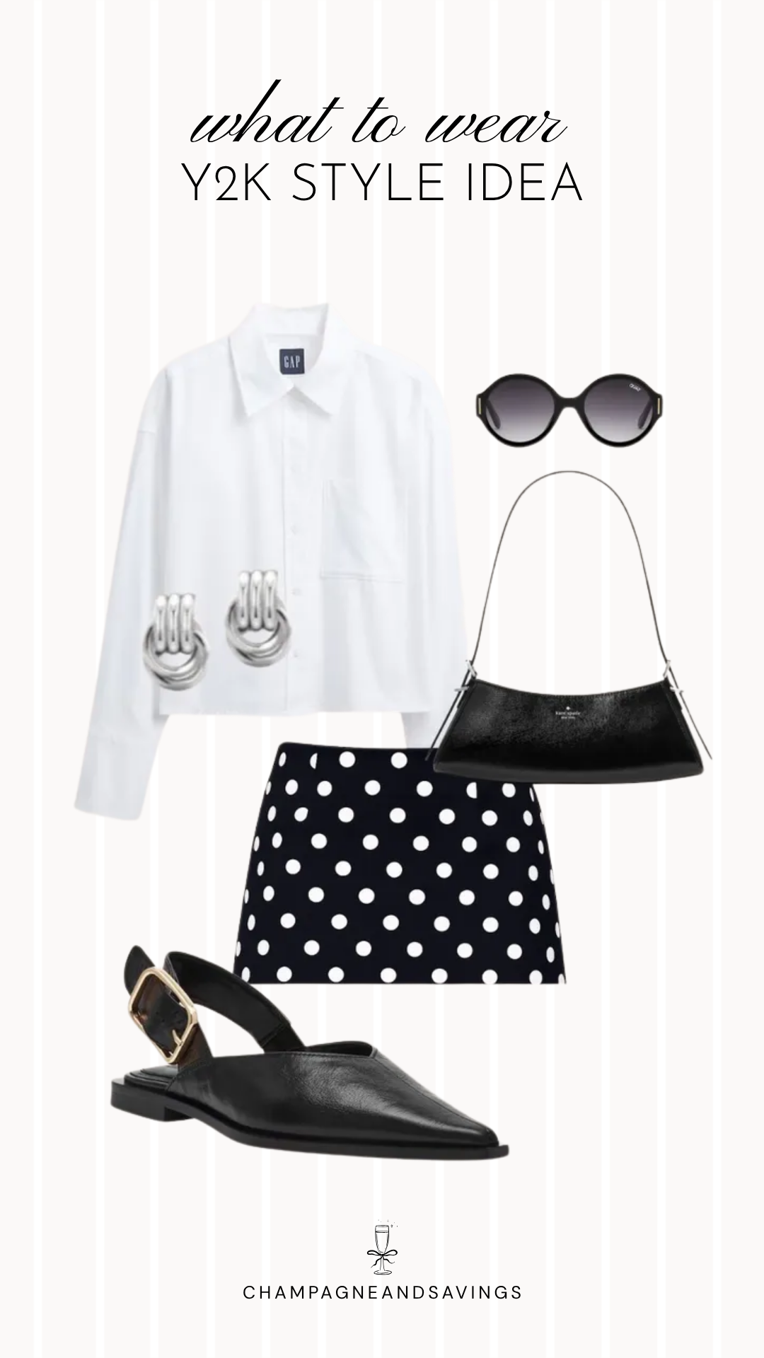 Y2K outfit idea collage featuring a polka dot mini skirt with a cropped button-down for a trendy 2026 look.
