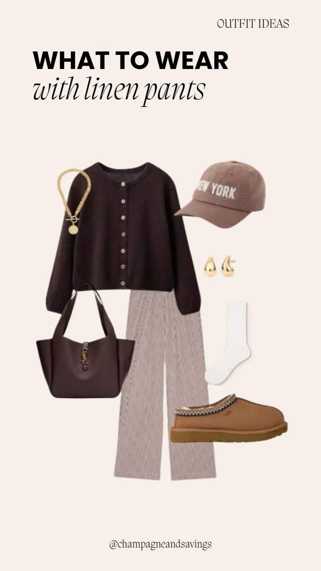 Cozy linen pants outfit styled with a cardigan, clogs, and casual accessories for a relaxed and chic spring look.