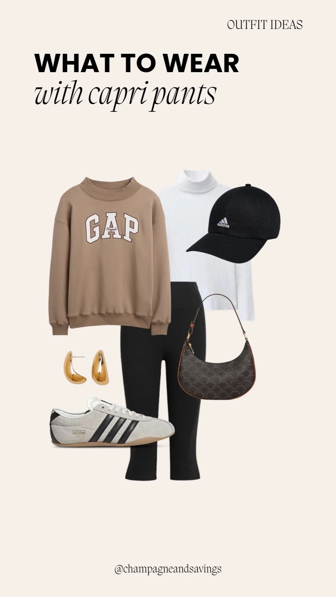 Collage of outfit pieces for a “Sporty Layers with a Graphic Sweatshirt” capri pants look, featuring capri pants paired with a graphic sweatshirt and layered casual pieces, styled in a relaxed sporty aesthetic.