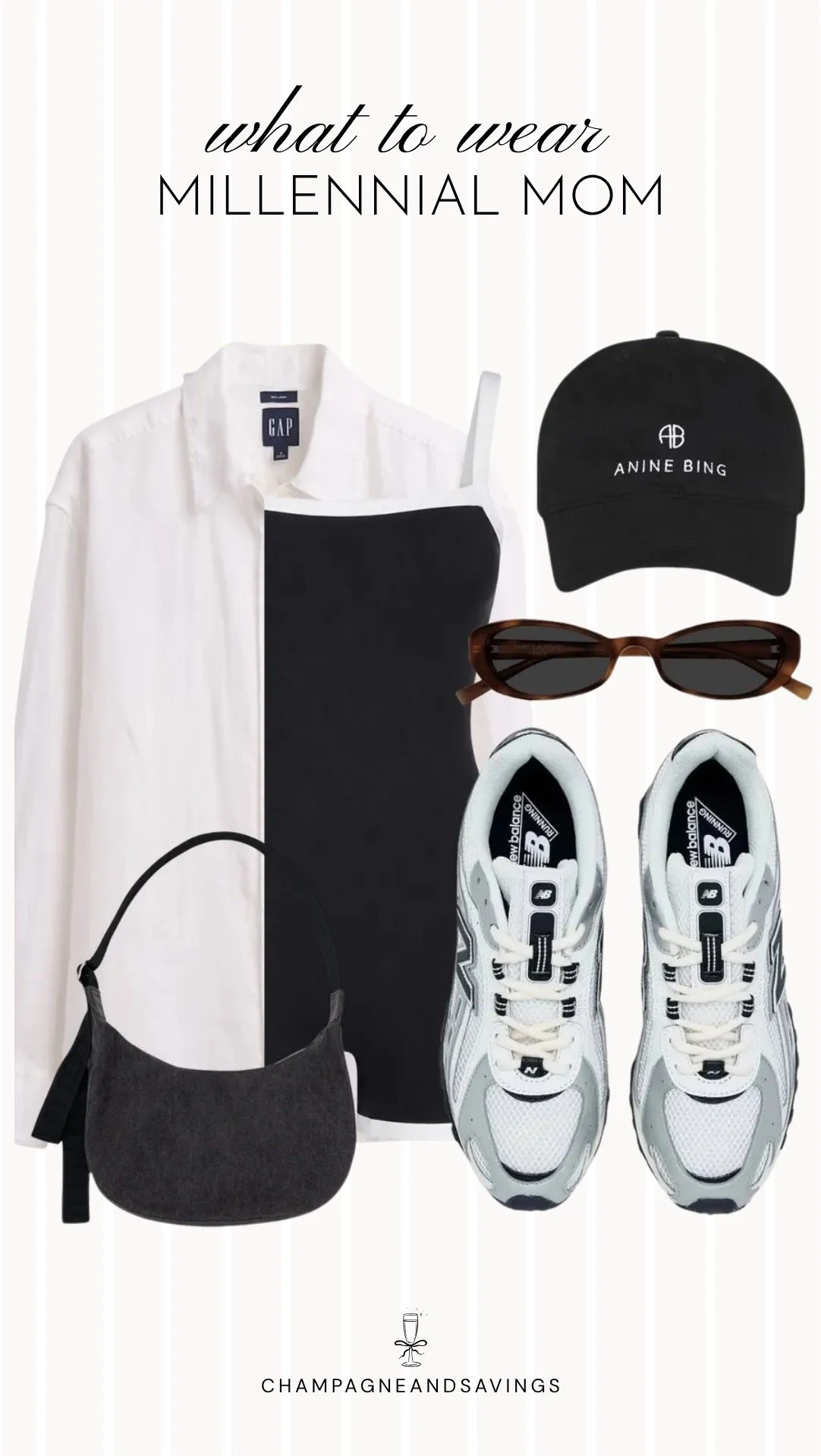 Collage of outfit pieces featuring a white button-down shirt layered over an active romper, paired with casual sneakers for a comfortable and stylish millennial mom outfit.