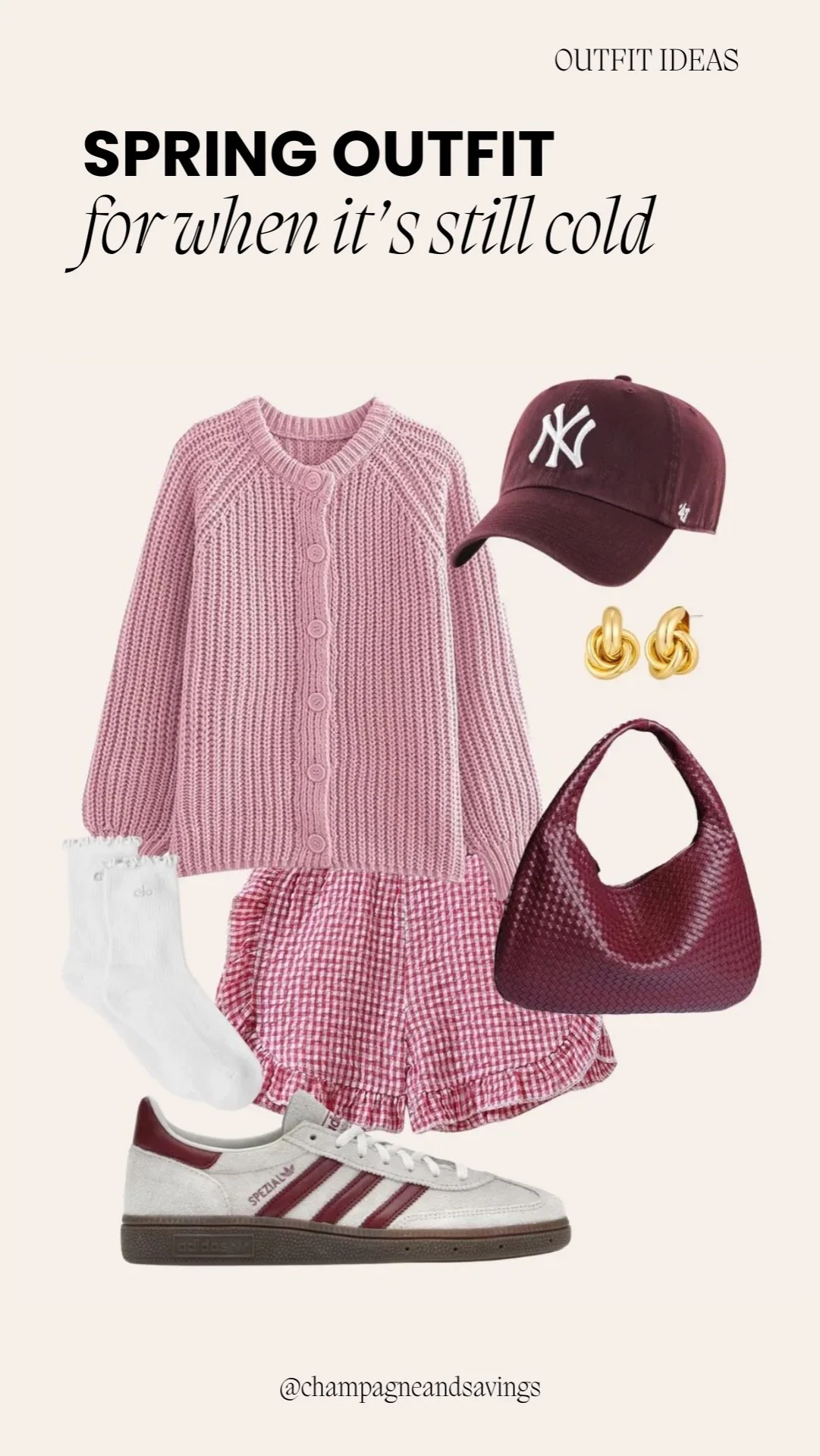 Cardigan outfit styled with gingham boxer shorts and casual accessories for a cute, relaxed spring look.