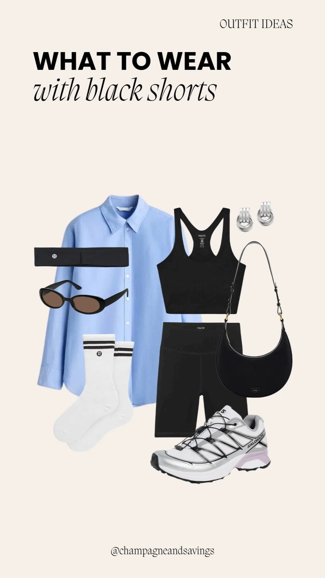 Collage of outfit pieces for a “Model Off Duty Athleisure” black shorts look, featuring black shorts paired with sporty tops and casual athleisure accessories, styled in a relaxed trendy aesthetic.