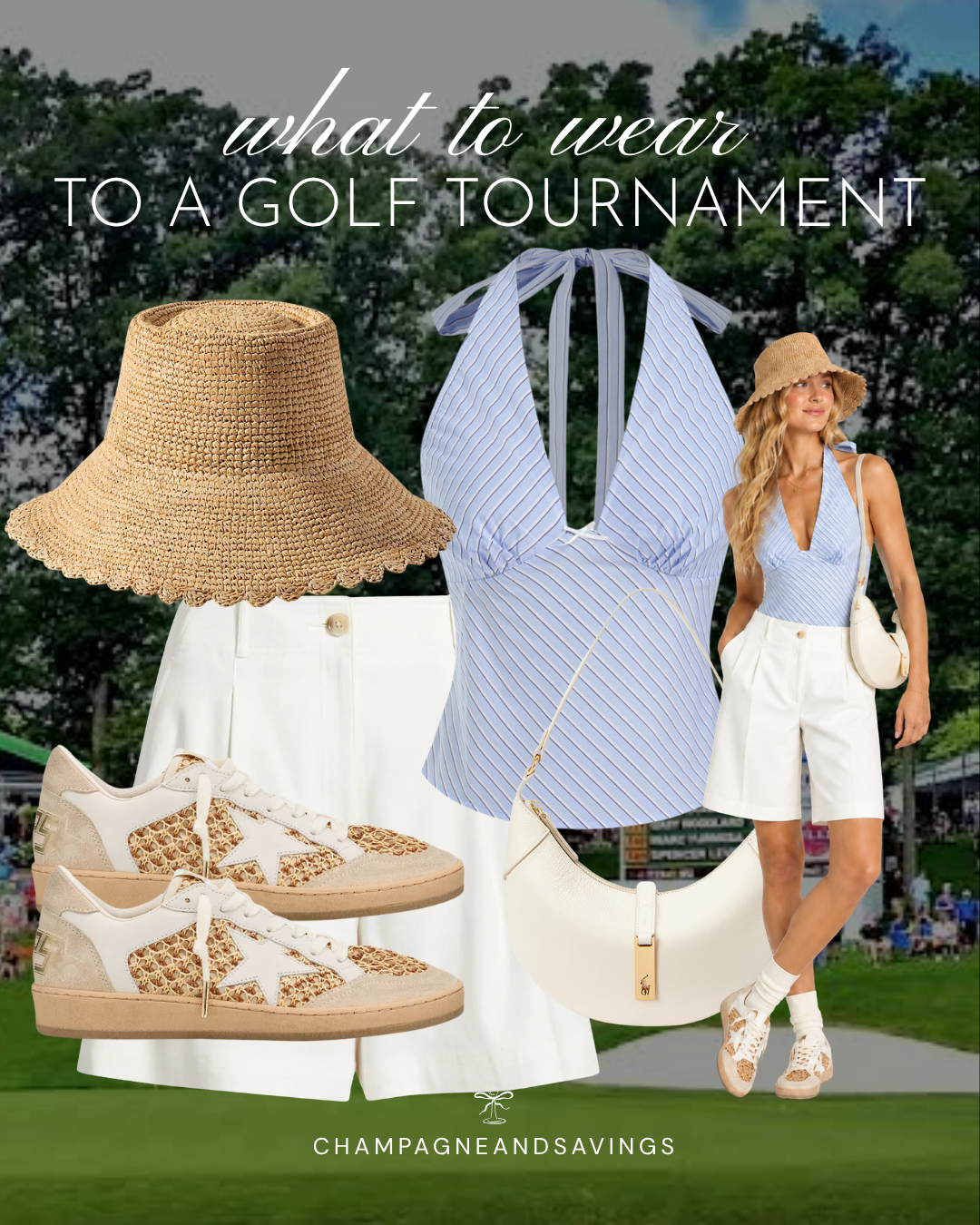 Cute golf tournament spectator outfit idea featuring a striped halter top and tailored shorts, shown in a collage of outfit pieces for a stylish day on the course.