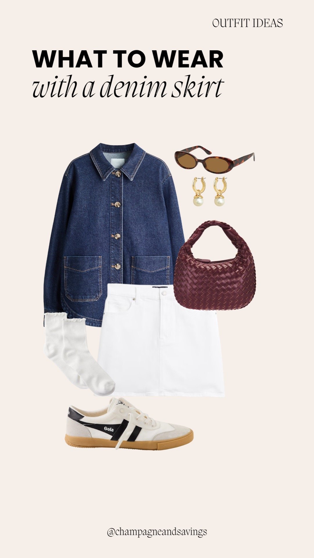 Mini skirt outfit idea featuring a denim shirt paired with a white mini skirt, styled together as coordinated outfit pieces.