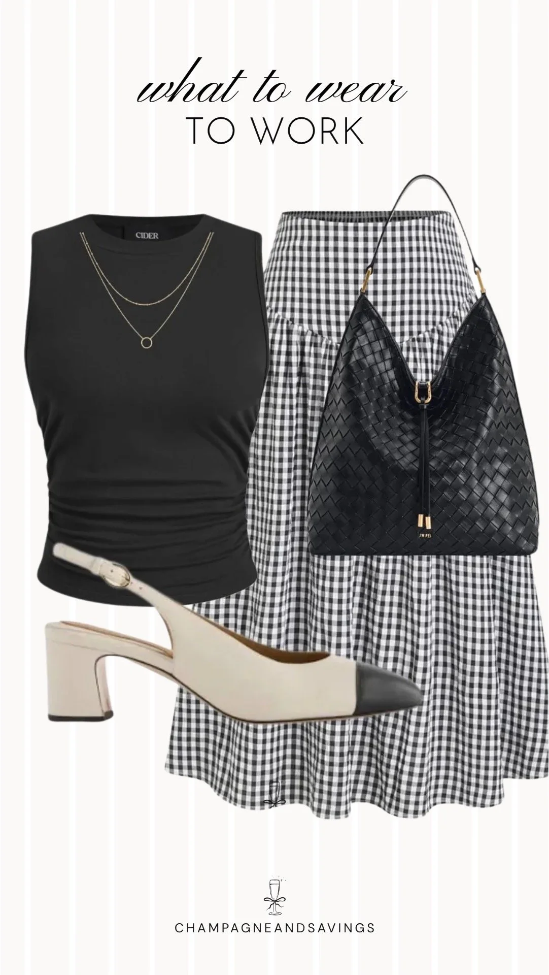 Edgy work outfit collage featuring a ruched tank paired with a gingham midi skirt and cap-toe slingback heels, blending feminine details with modern sophistication for a stylish office-ready look.