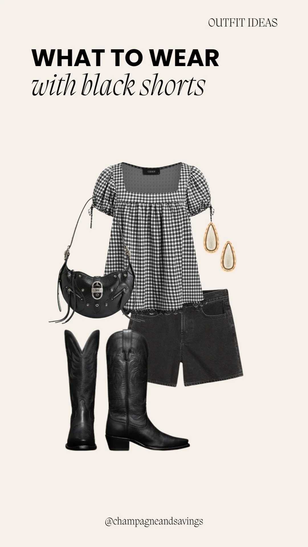 Collage of outfit pieces for a “Girly Meets Western” black shorts look, featuring black shorts paired with feminine tops and western-inspired accessories, styled in a playful chic aesthetic.