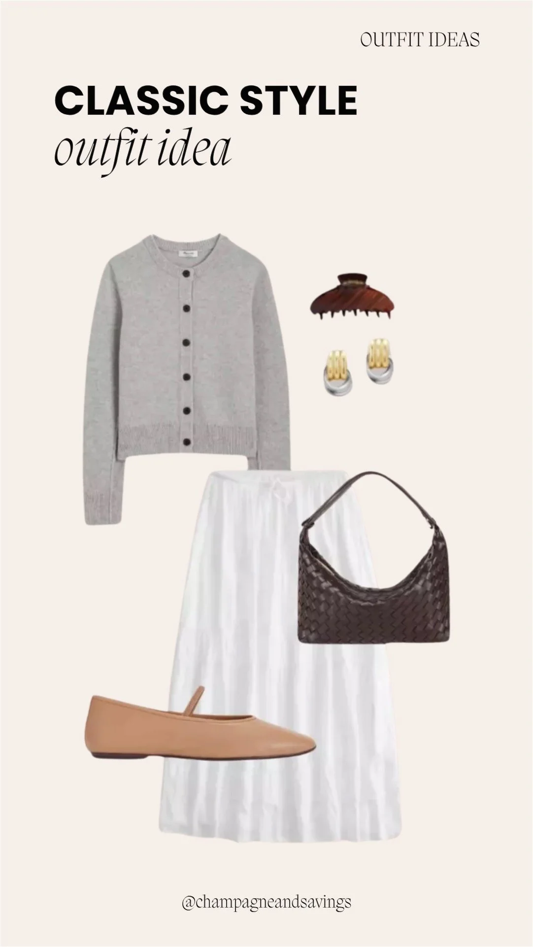Image of a classic outfit collage featuring a grey cardigan, white midi skirt, and ballet flats styled together with coordinating accessories arranged as outfit pieces