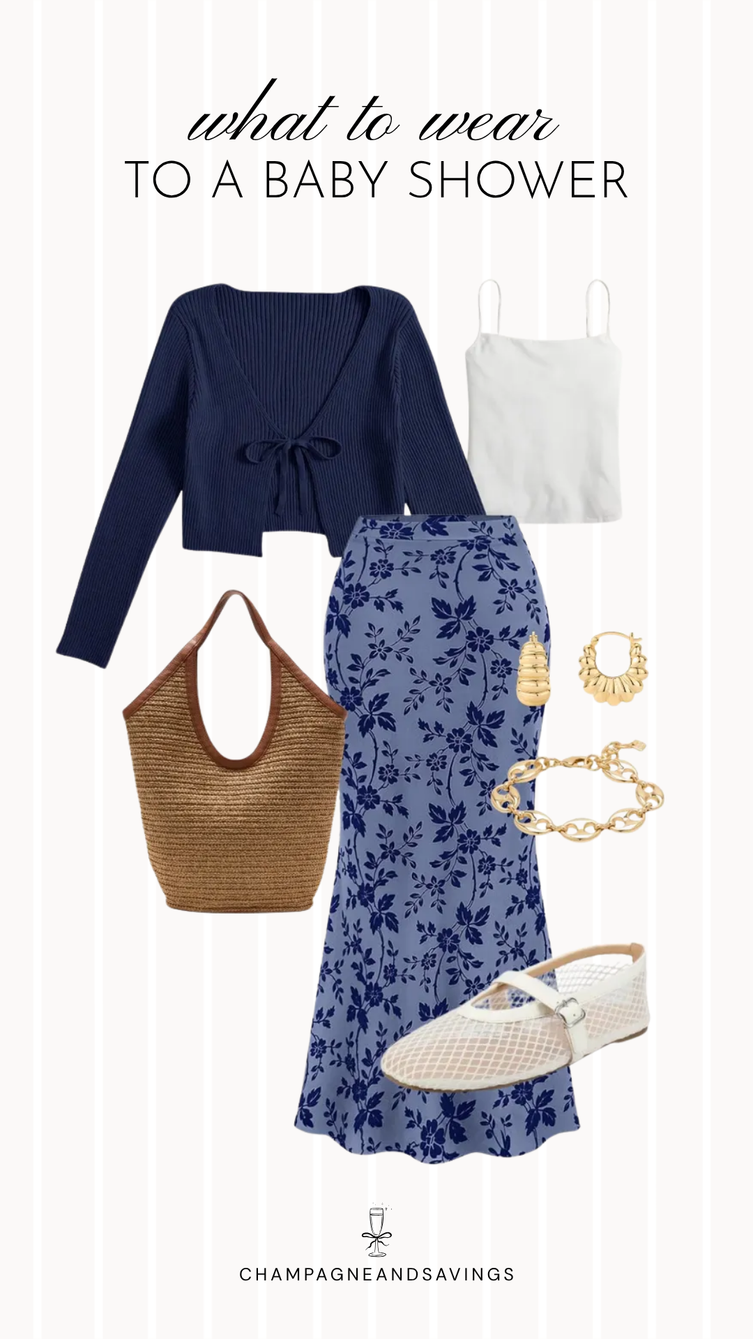 Collage of outfit pieces featuring a navy cardigan paired with a blue floral maxi skirt, coordinating shoes, handbag, and accessories for a chic and trendy baby shower guest outfit idea.