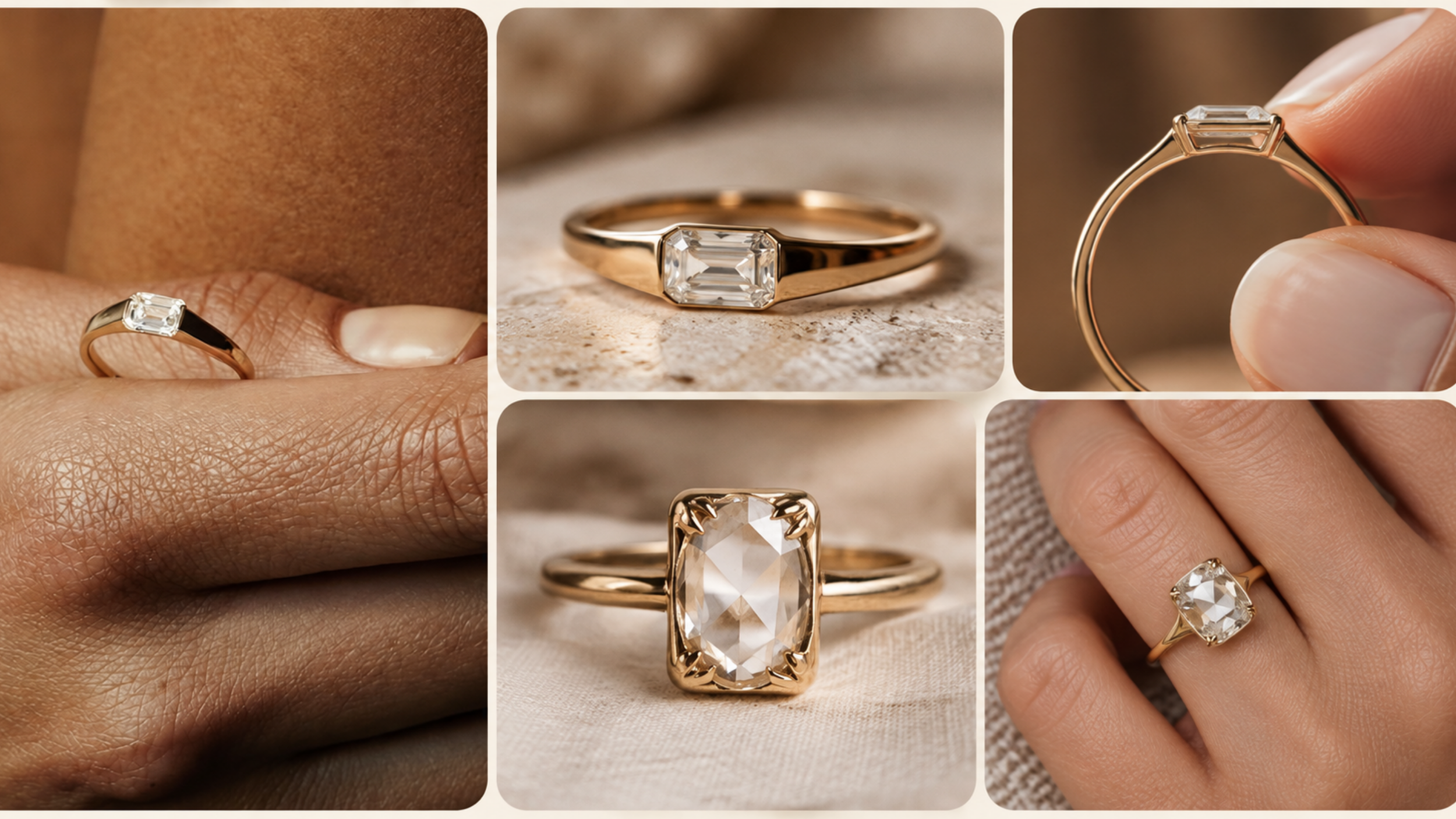 Collage of low-profile diamond engagement rings featuring oval, round, and emerald cut diamonds set close to the finger.