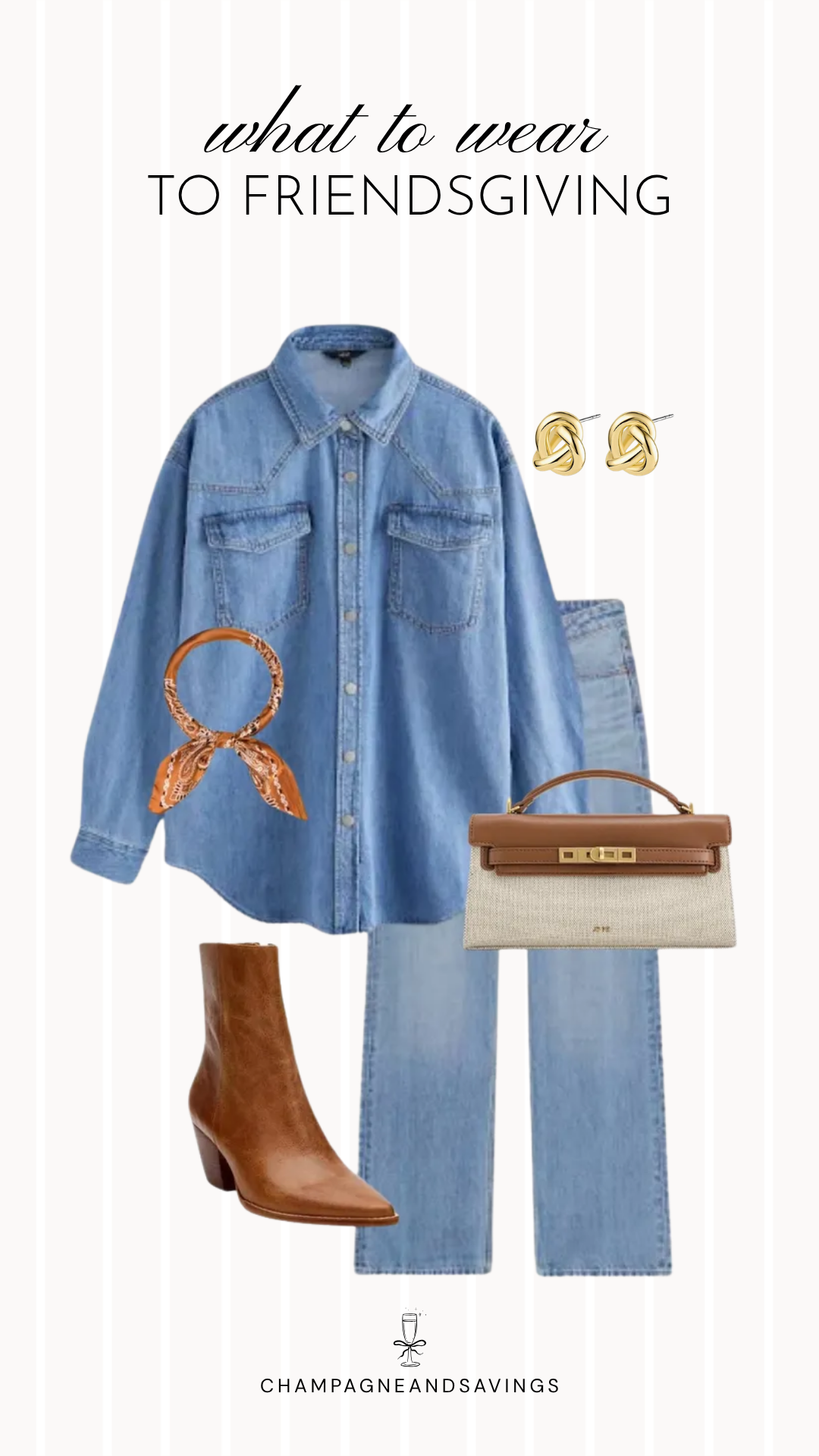 Friendsgiving outfit idea featuring an oversized denim shirt paired with wide leg jeans and a satin scarf, styled together in a chic fall fashion collage for a relaxed and on-trend Friendsgiving look.