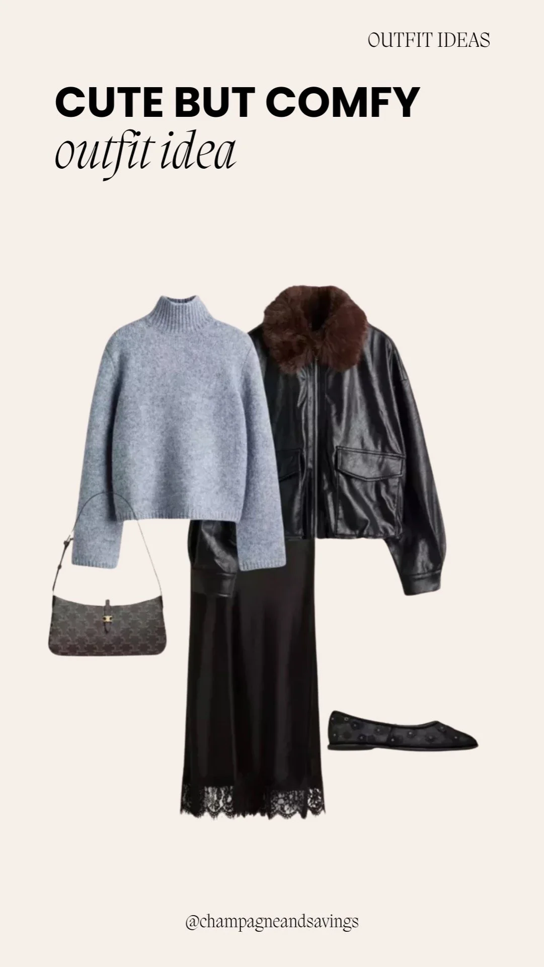 Outfit collage showing a cute and comfy outfit idea with a leather jacket and satin skirt.