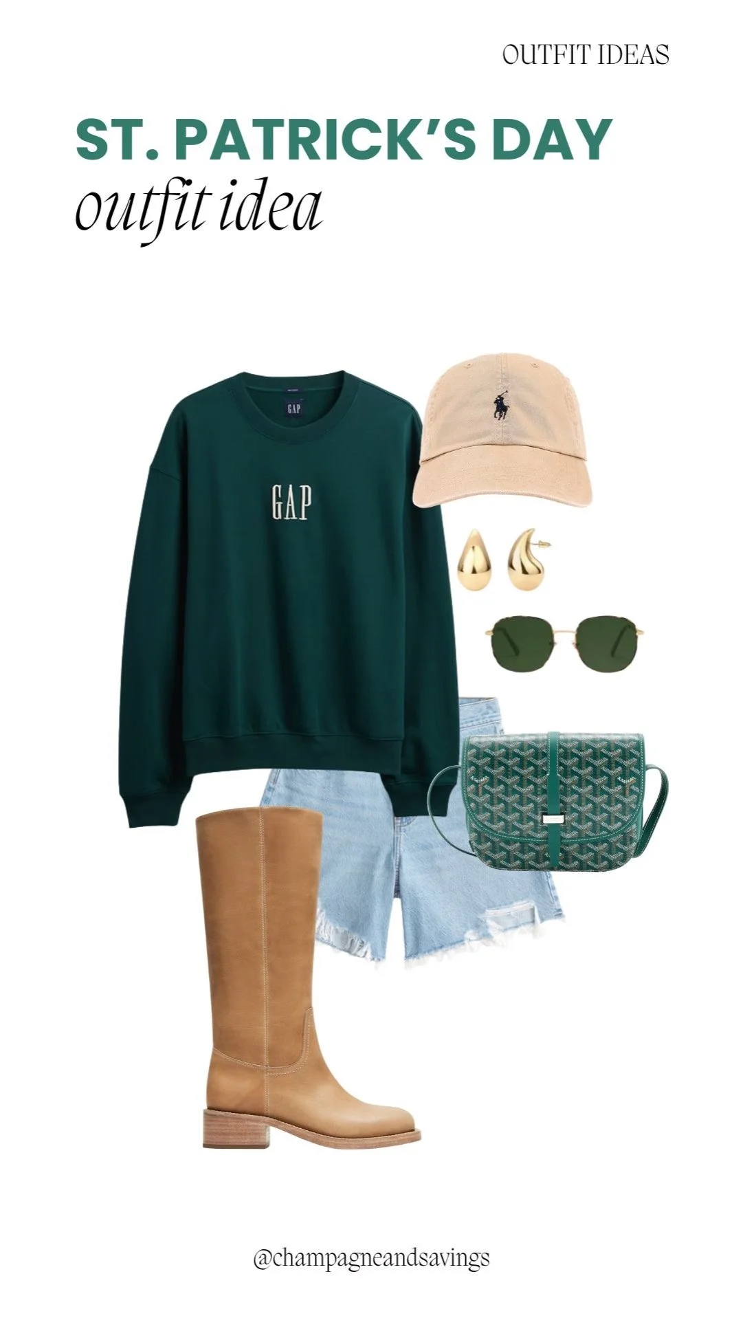 Green sweatshirt paired with denim shorts for a casual and festive St. Patrick’s Day outfit.