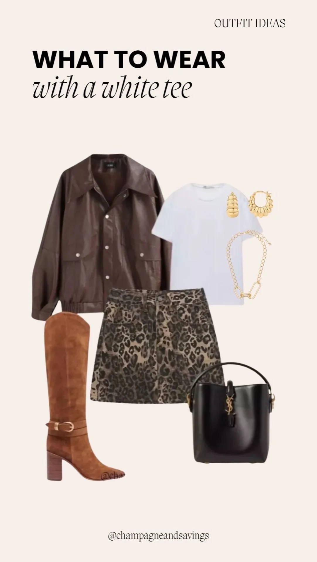 Plain white t-shirt styled with a leather jacket and a leopard print mini skirt for an edgy, chic, and fashion-forward outfit.