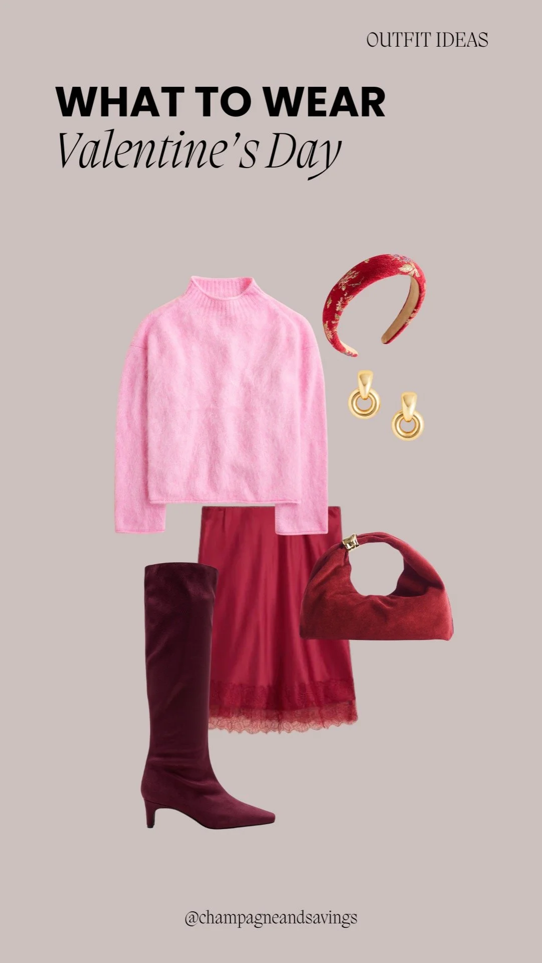 Pink and red Valentine’s Day outfit featuring a stylish, romantic color palette.