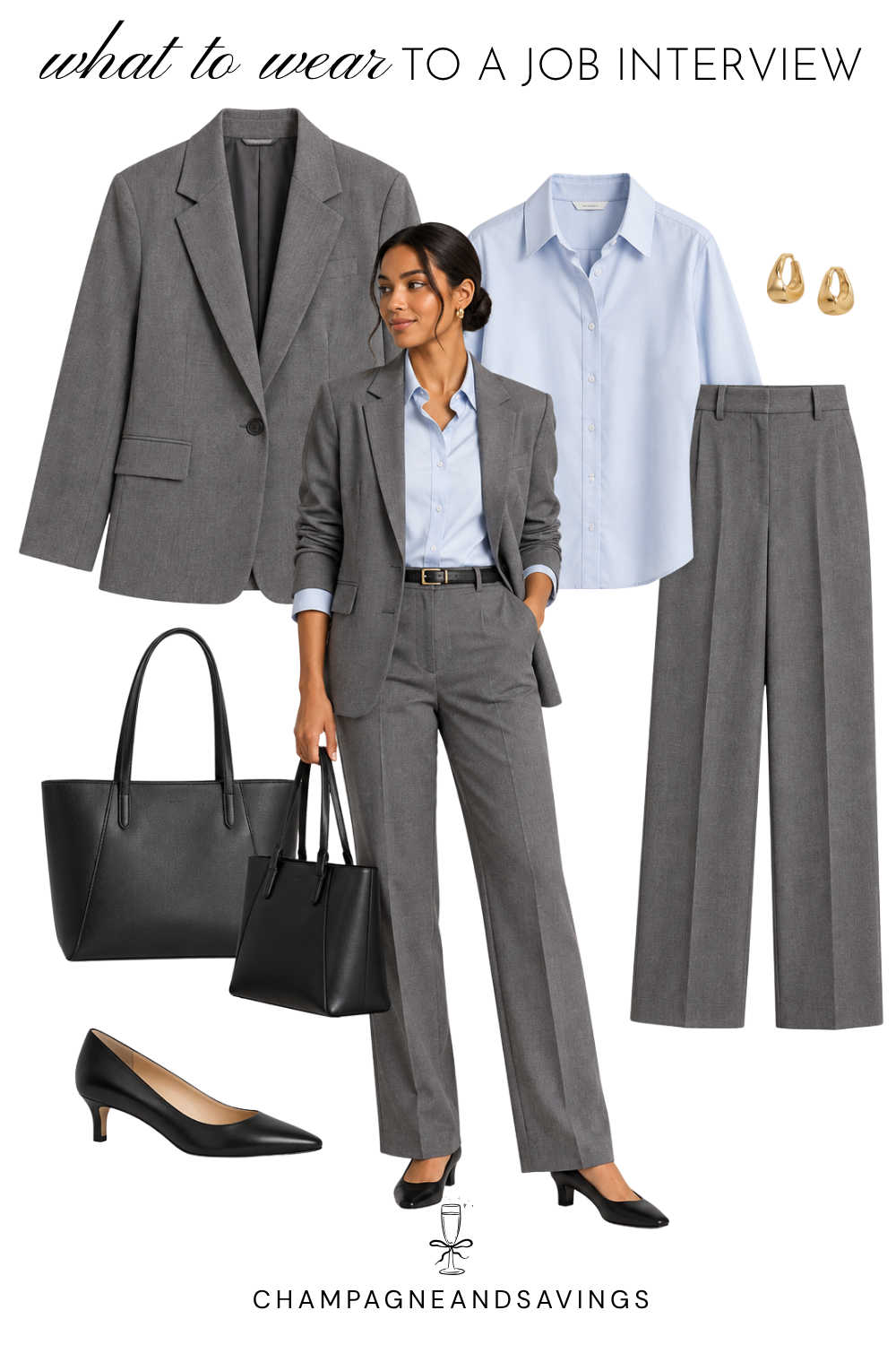 Job interview outfit idea for women featuring a gray pantsuit paired with a pale blue button-down shirt, shown in a collage of outfit pieces for a polished, professional look.