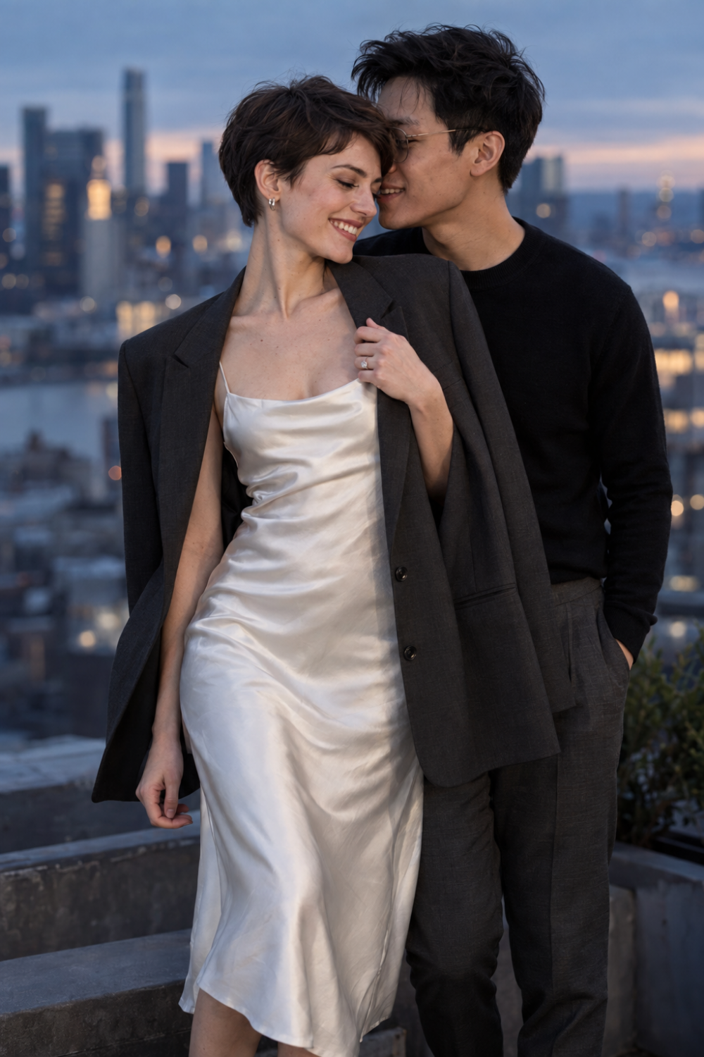 White engagement photo outfit idea featuring a white slip dress and an oversized blazer.