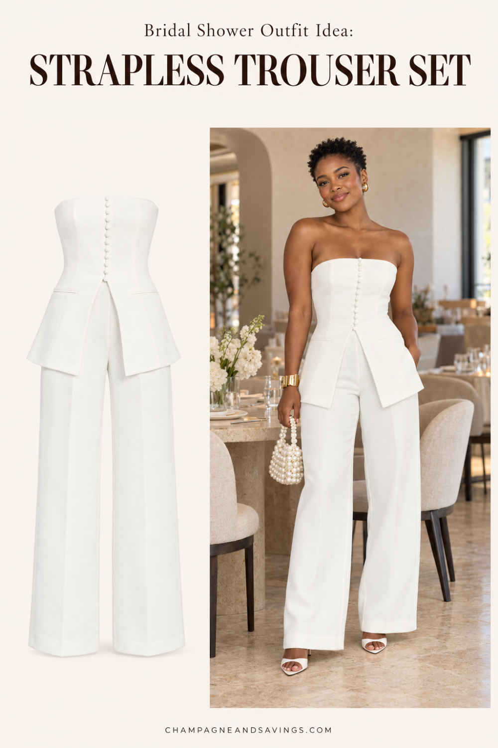 Trendy bridal shower outfit idea featuring a strapless top and matching trousers, shown alongside a styled bridal look for the bride-to-be.