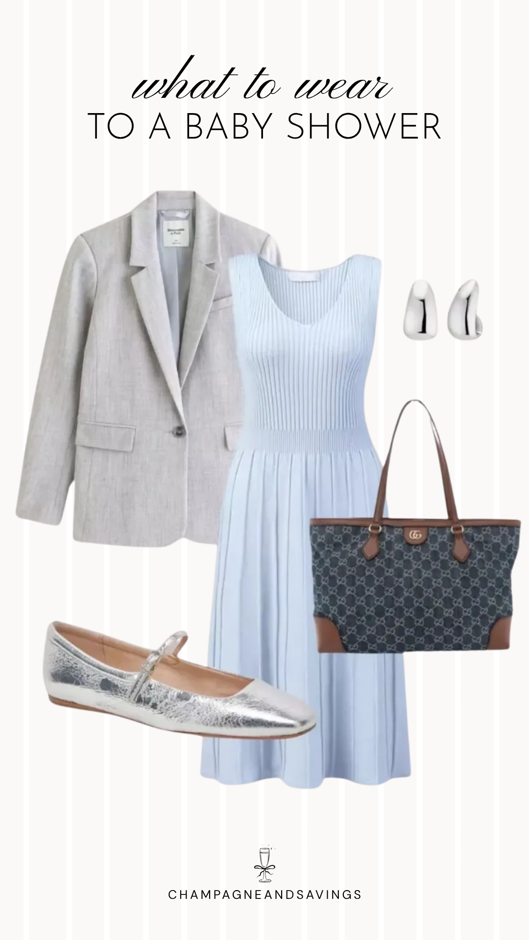Collage of outfit pieces featuring a gray blazer layered over a ribbed knit dress with coordinating shoes, handbag, and accessories for a chic and trendy baby shower guest outfit idea.