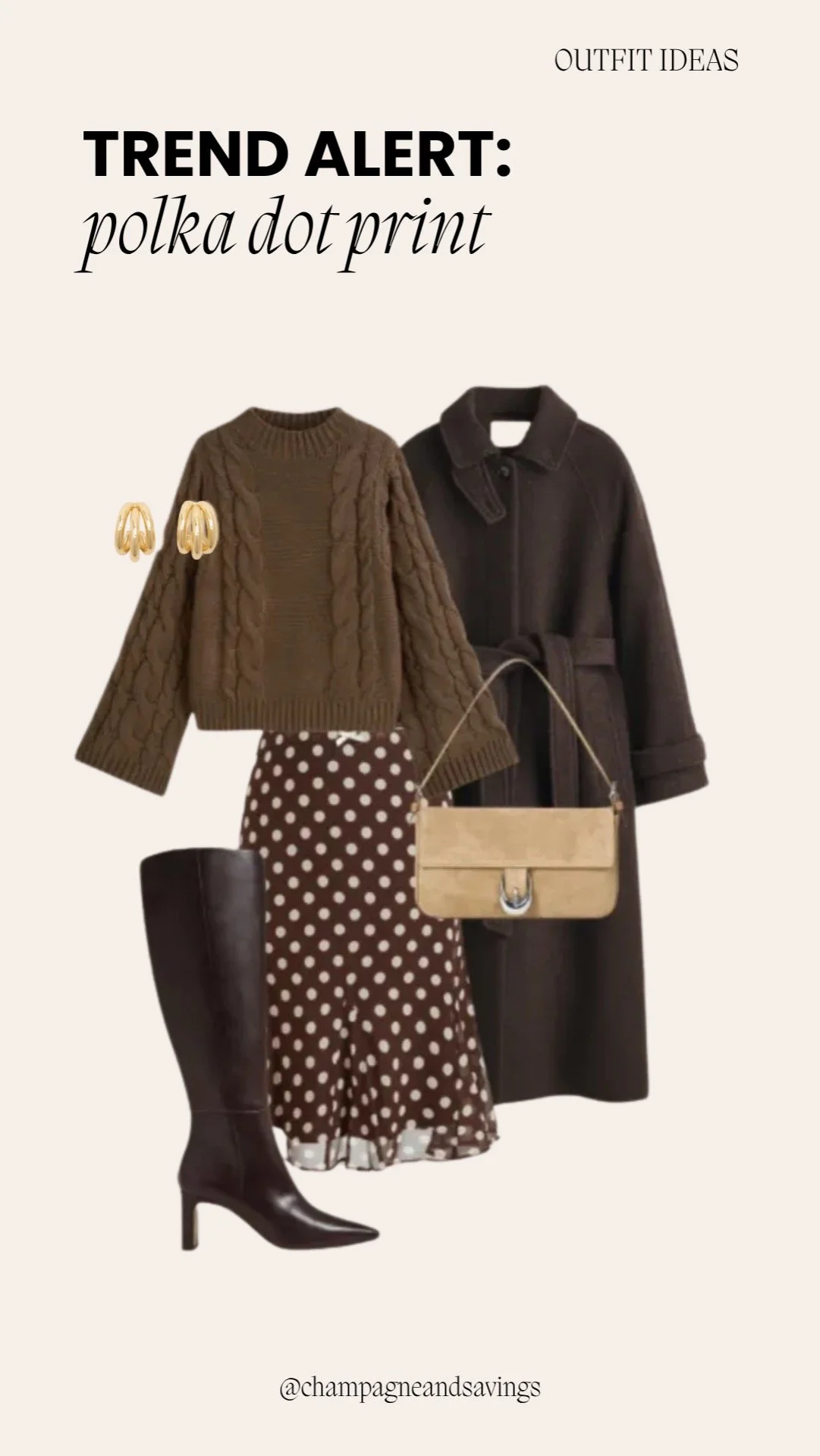 Collage of outfit pieces featuring a polka dot midi skirt paired with a cable knit sweater and knee-high boots, styled for a cozy and chic look.