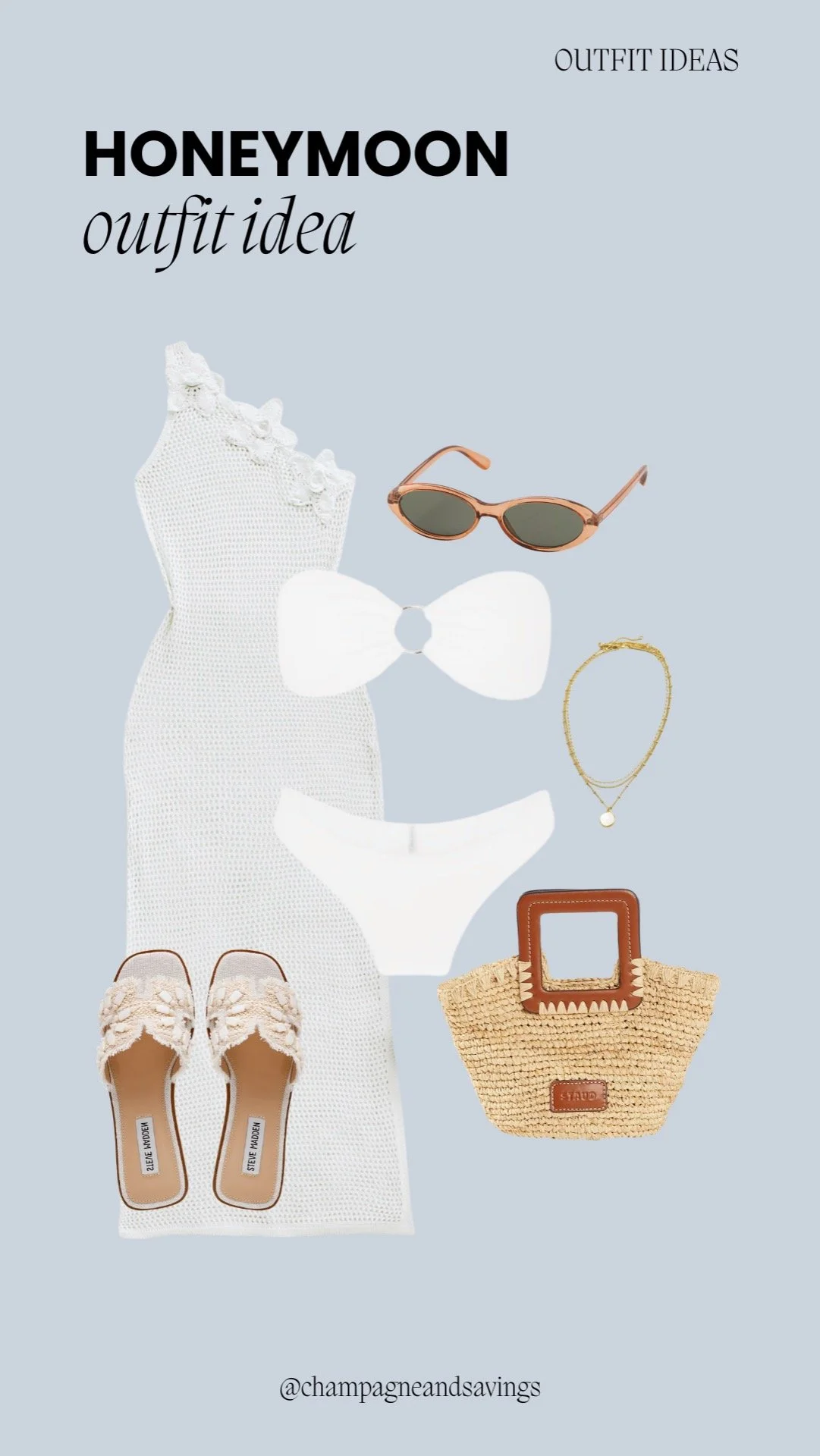 Honeymoon outfit idea collage featuring a white crochet maxi paired with a 3D floral bikini, styled with accessories for a romantic and beach-ready bridal vacation look.