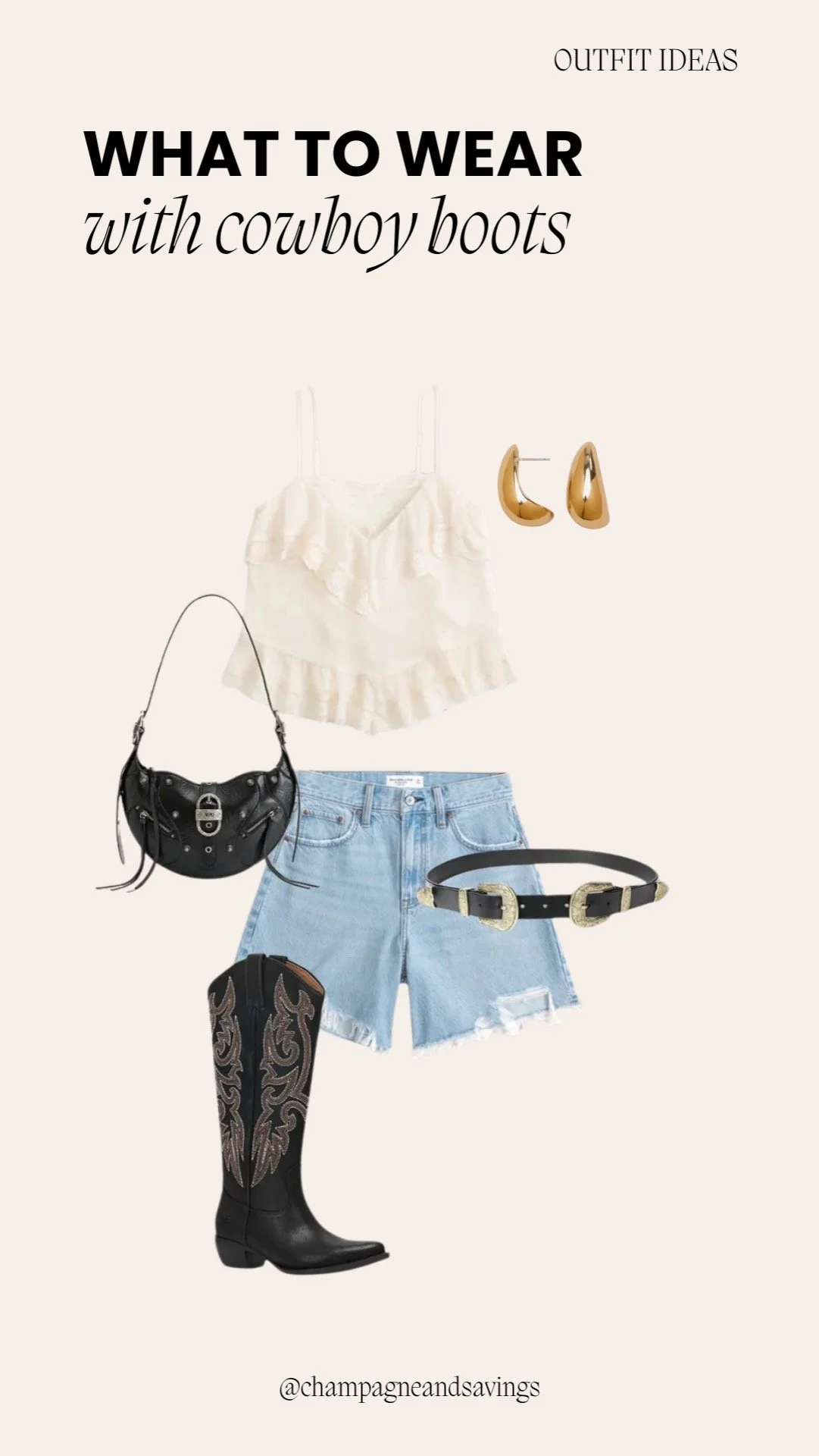 Outfit featuring cowboy boots styled with jean shorts and a tank top