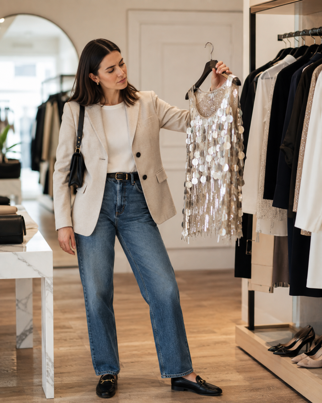 Image of a woman in a store looking at a trendy item.