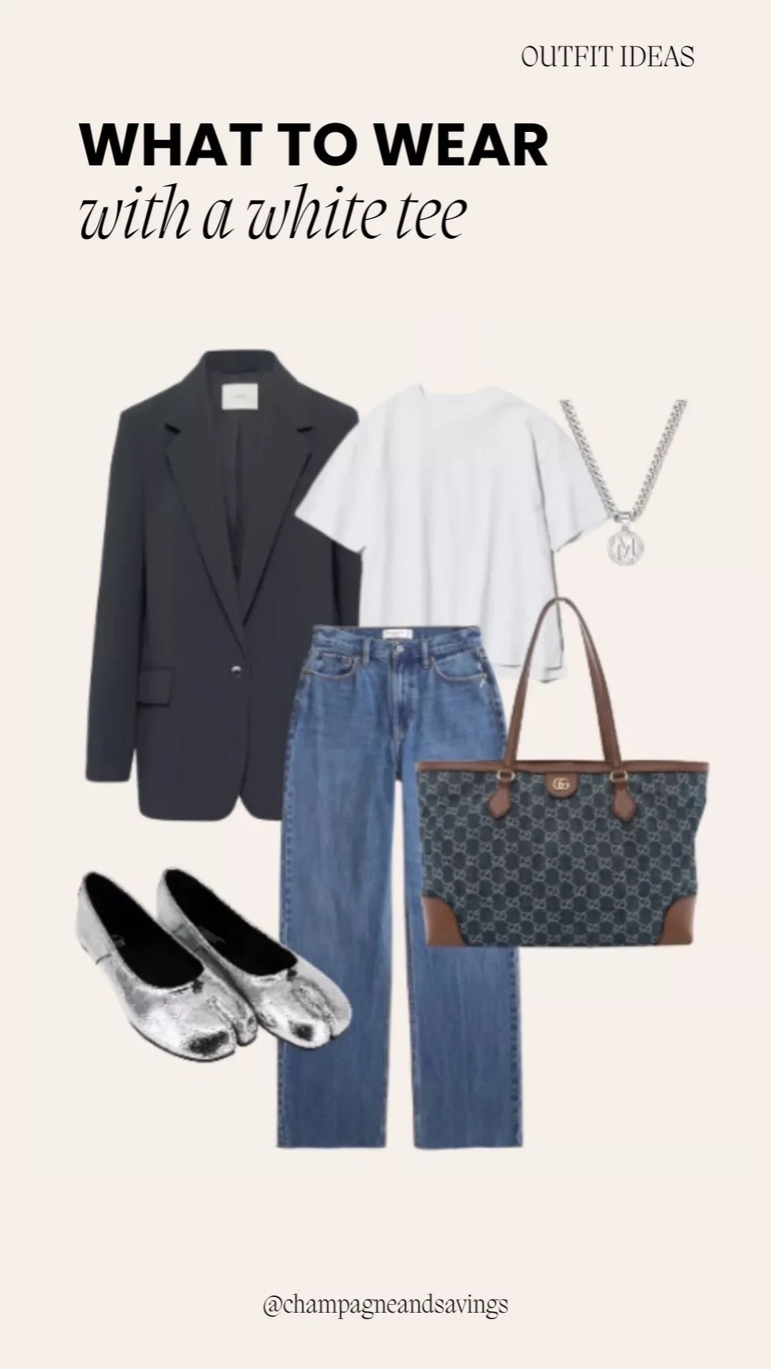 Plain white t-shirt styled with a blazer and jeans for a classic, polished, and effortlessly chic outfit.