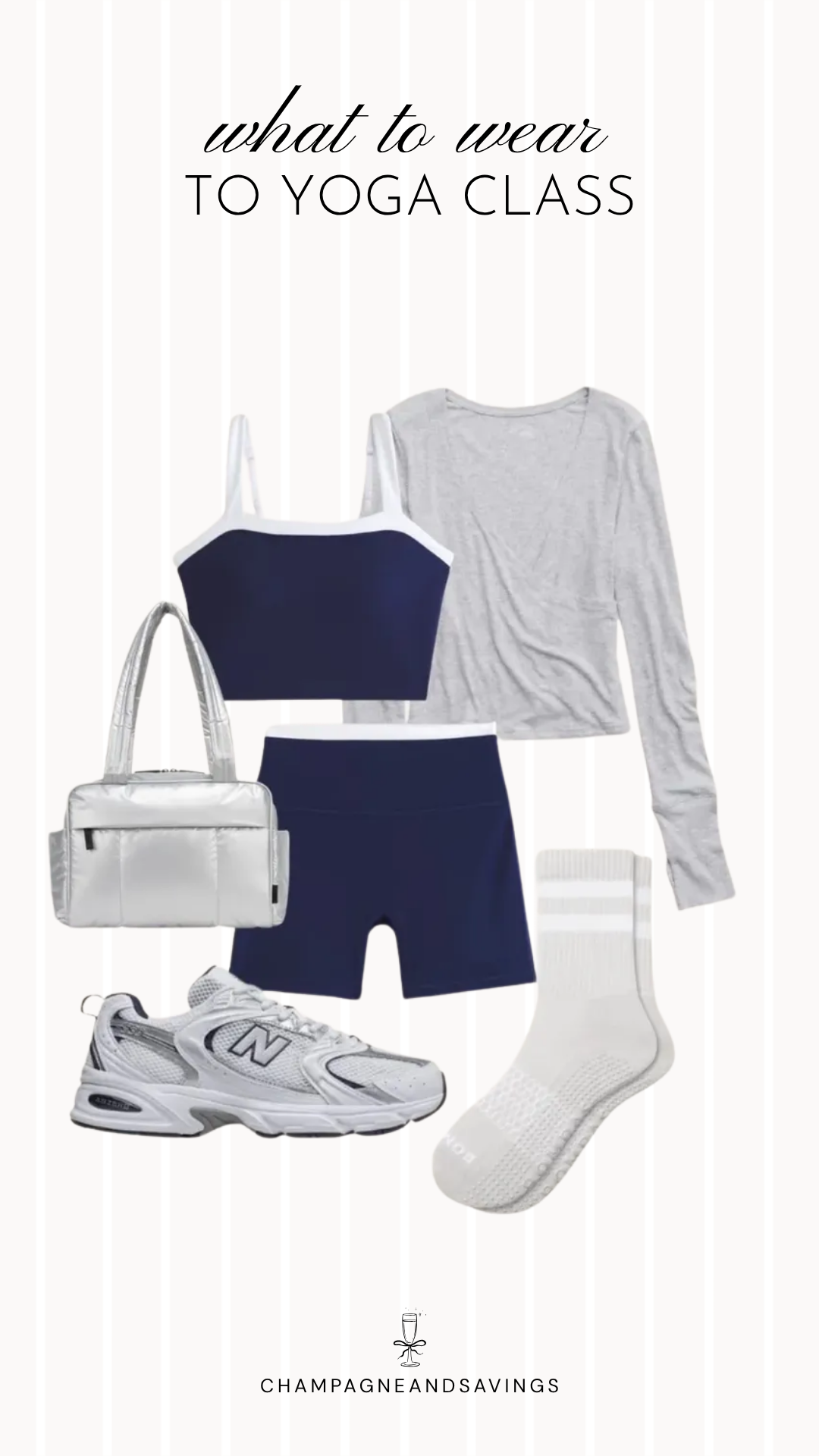 Collage of yoga outfit pieces featuring a navy bike short workout set paired with a grey long-sleeve top, creating a comfortable and sporty look for yoga class, stretching, or everyday athleisure wear.